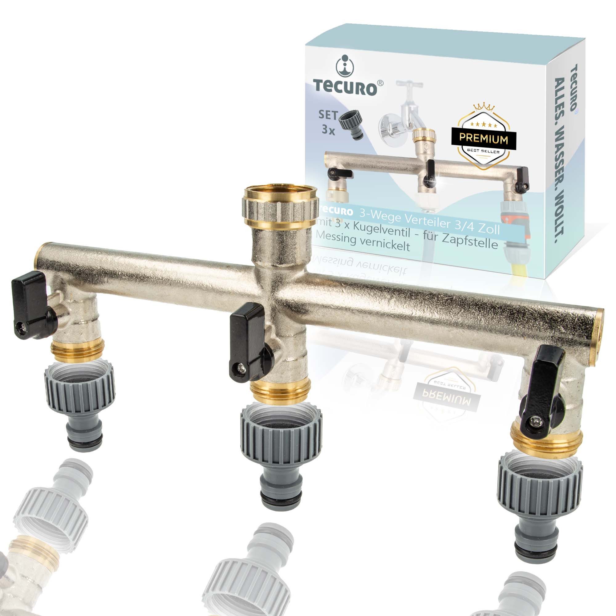 Bewässerungssystem 3-Wege Verteiler 3/4 Zoll mit 3 x Kugelventil und Steckkupplungen