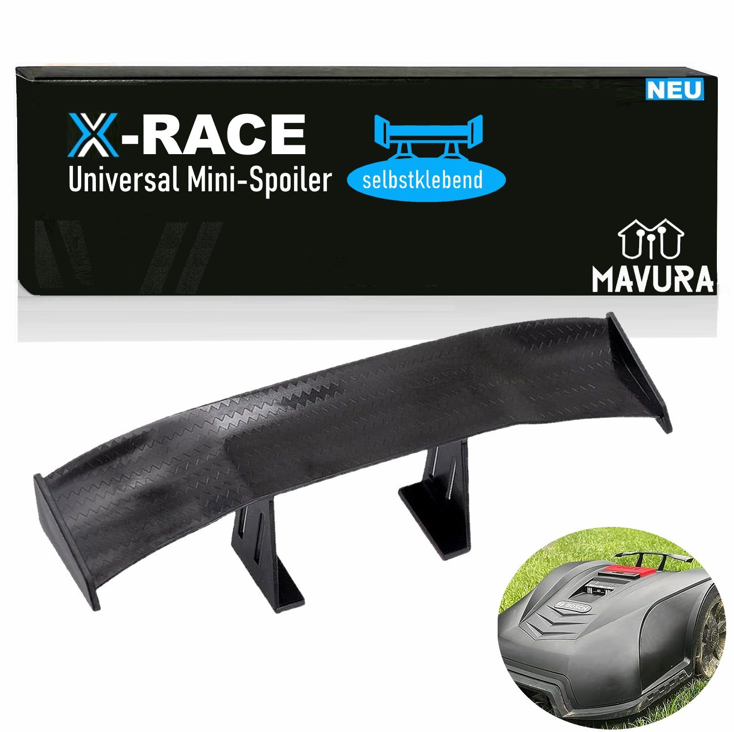 MAVURA Blende X-RACE Mini Heckspoiler Spoiler selbstklebend Mini Flügel Wing, schwarz für Mähroboter Auto KFZ Auto u.v.m.
