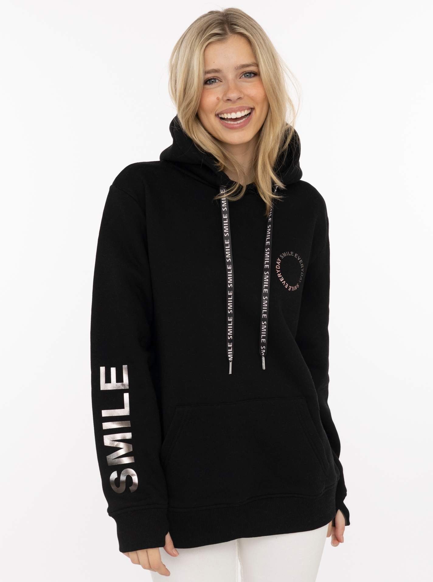 Zwillingsherz Hoodie "SMILE & LAUGH" Print am Arm und Brust, Kapuze mit bedruckter Kordel, Kängurutasche