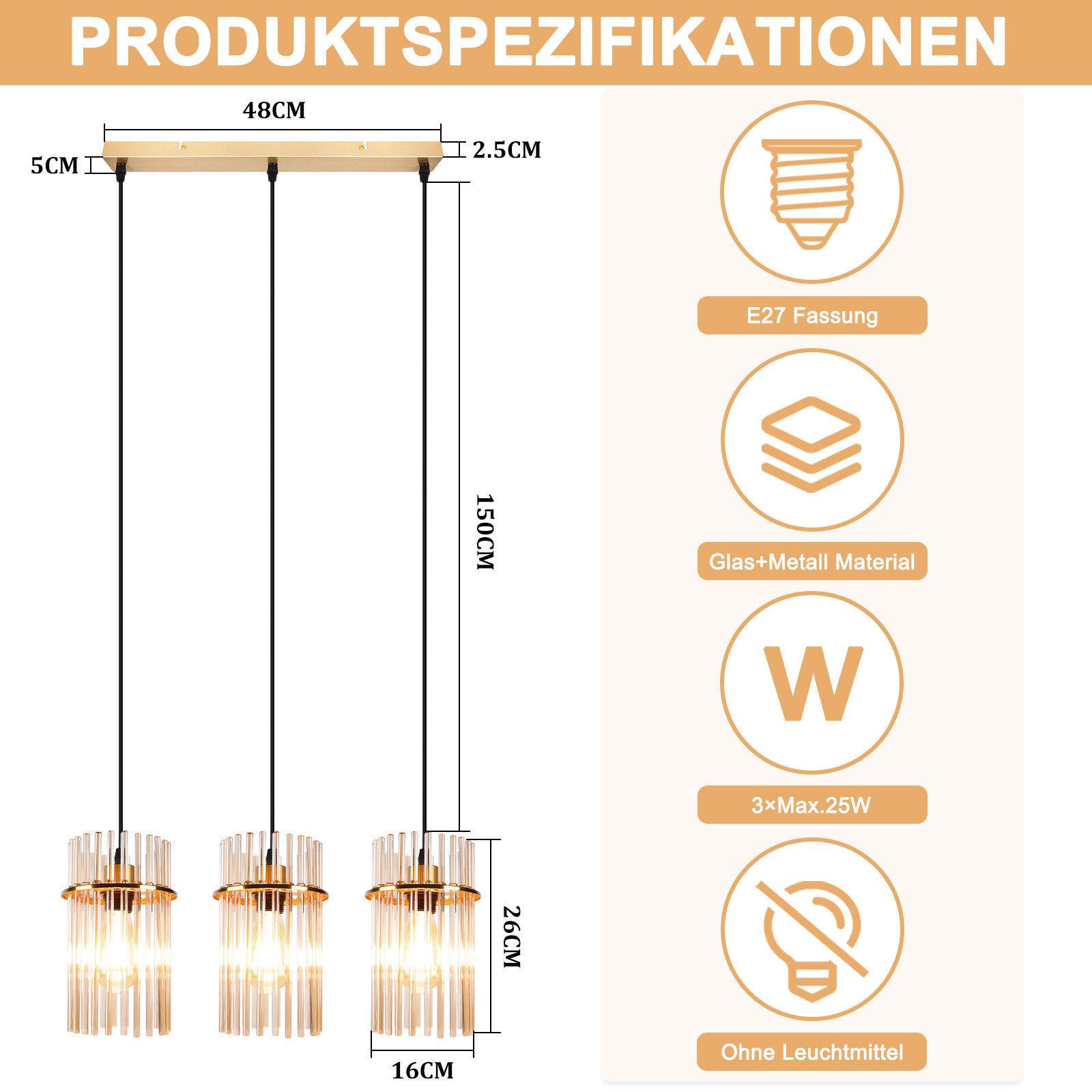 ZMH Pendelleuchte Esstisch Hängelampe 2/3/5 Flammig mit Glas & Metall E27, ohne Leuchtmittel, moderne Pendelleuchte höhenverstellbar für Esszimmer Bar, Hotel