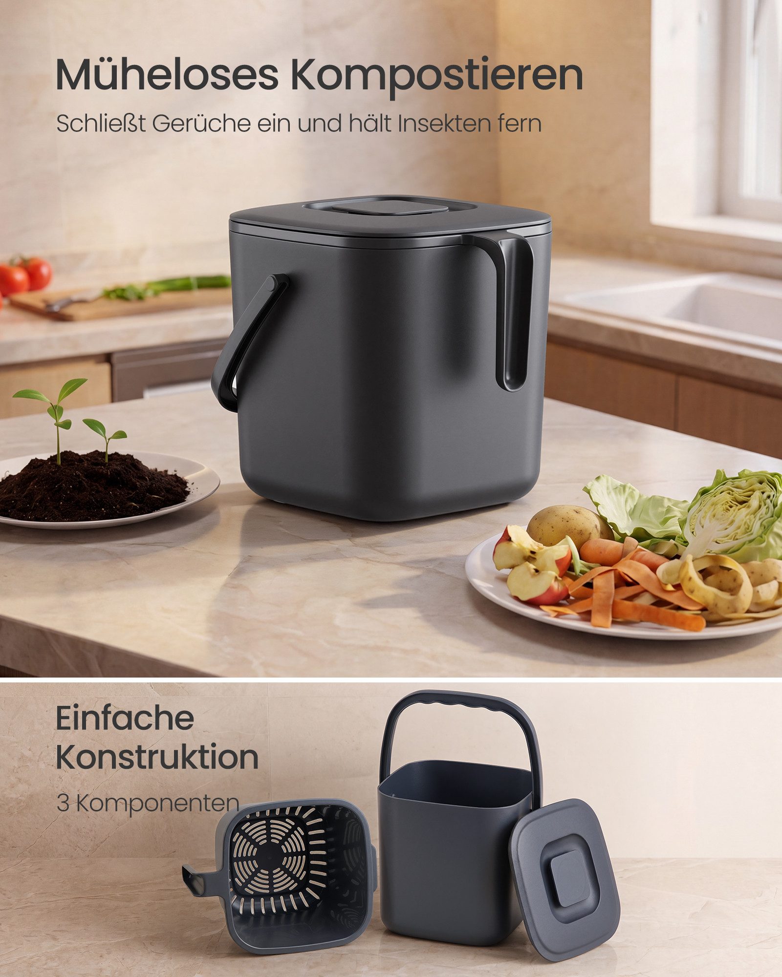 SONGMICS Biomülleimer Biomülleimer mit Deckel und Griff, 4L,7L, Geruchsdichter Komposteimer mit Abtropfkorb