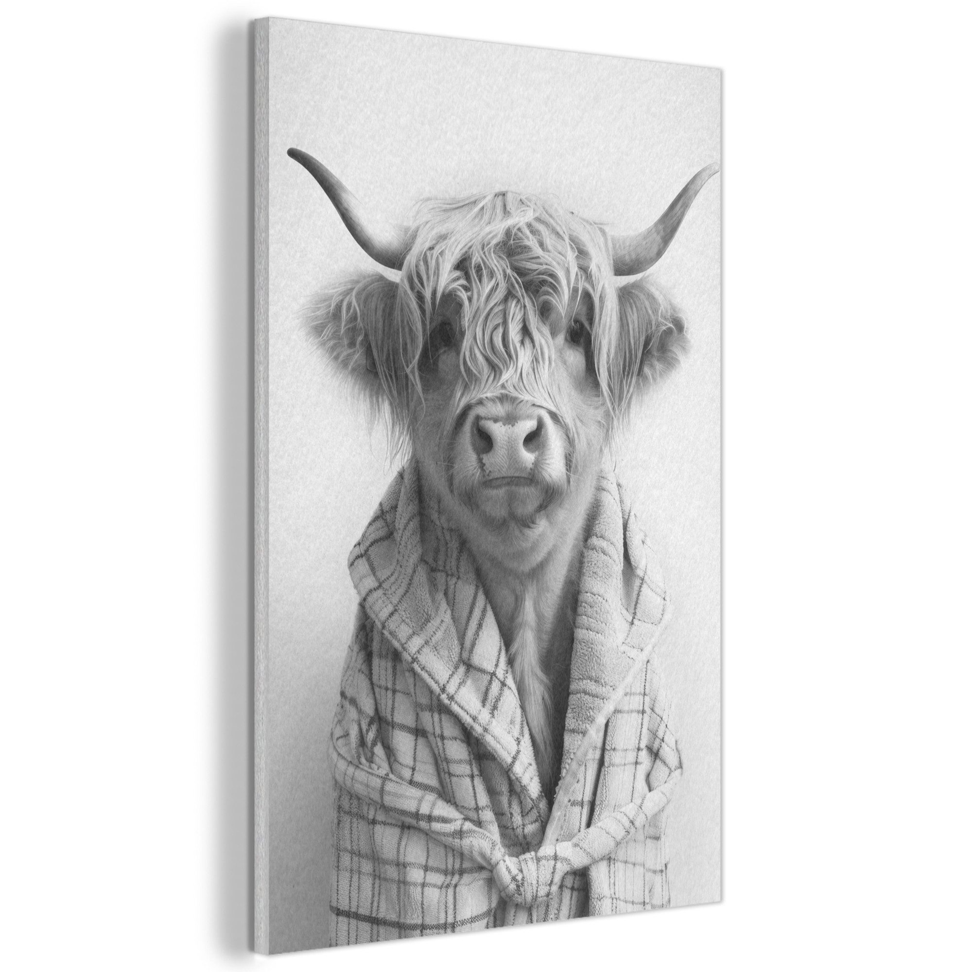 MuchoWow Gemälde Scottish Highlander - Kuh - Bademantel - Schwarz und Weiß, Fotodruck (1 St), Akustikbilder PET-Filz, Wandpaneele, Akustikpaneele 60x90 cm