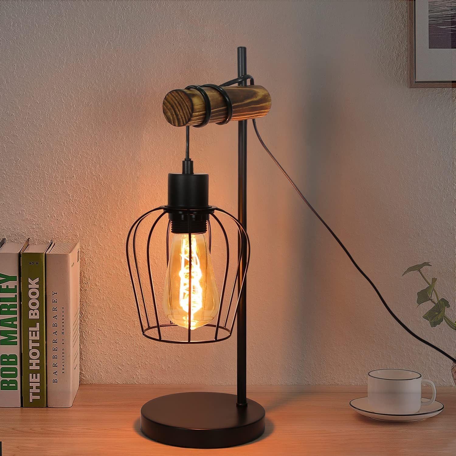 ZMH Tischleuchte Wohnzimmer Retro Schwarz-Holz Nachttischlampe Industrial Design E27, Einfache Installation, ohne Leuchtmittel, 1 Flammig Vintage Tischleuchte im Industrial Design aus Metall Esstich