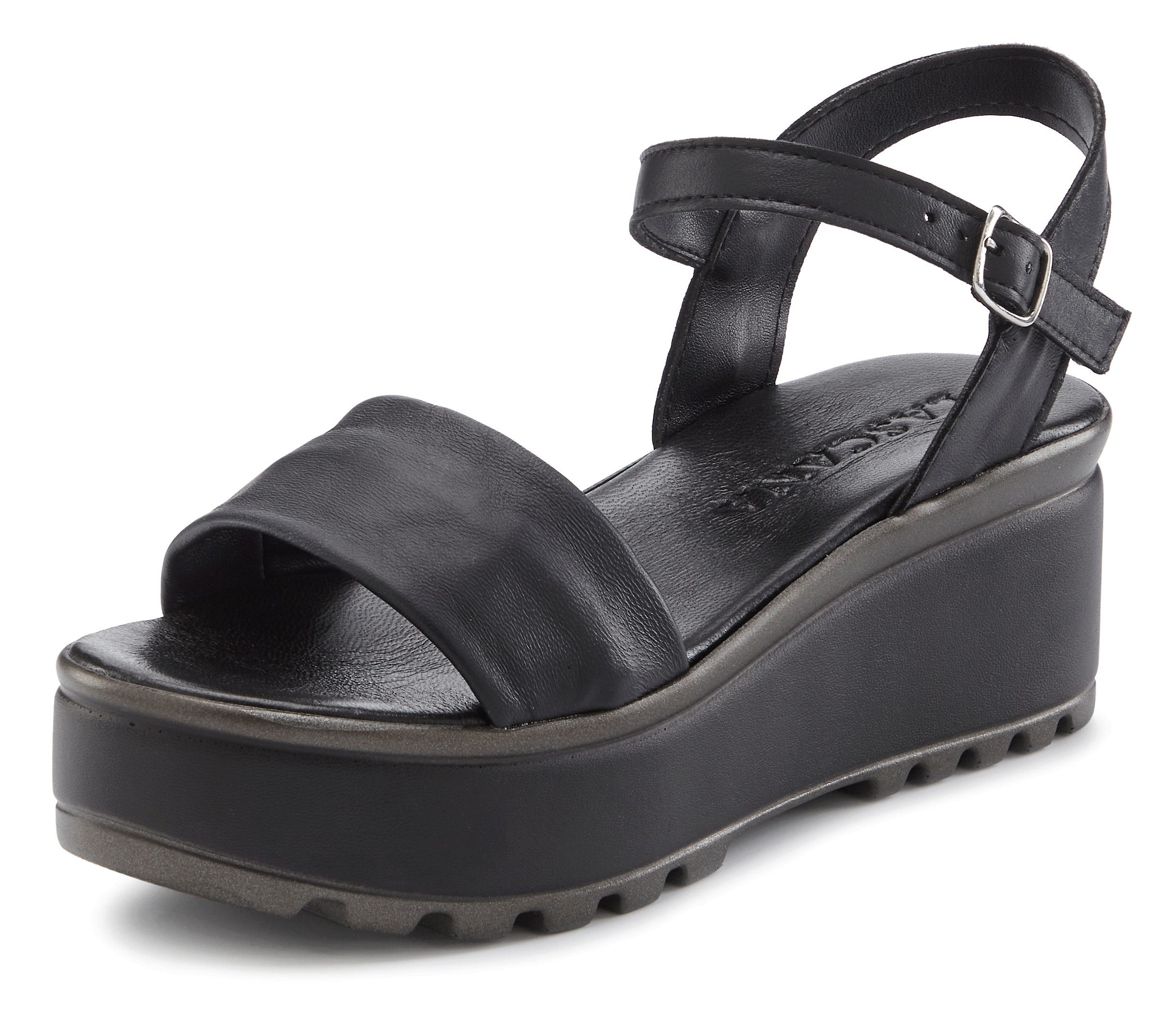 LASCANA Riemchensandalette, Sandale, Sommerschuh, offener Schuh, Sandalette NEU aus Leder mit Keilabsatz
