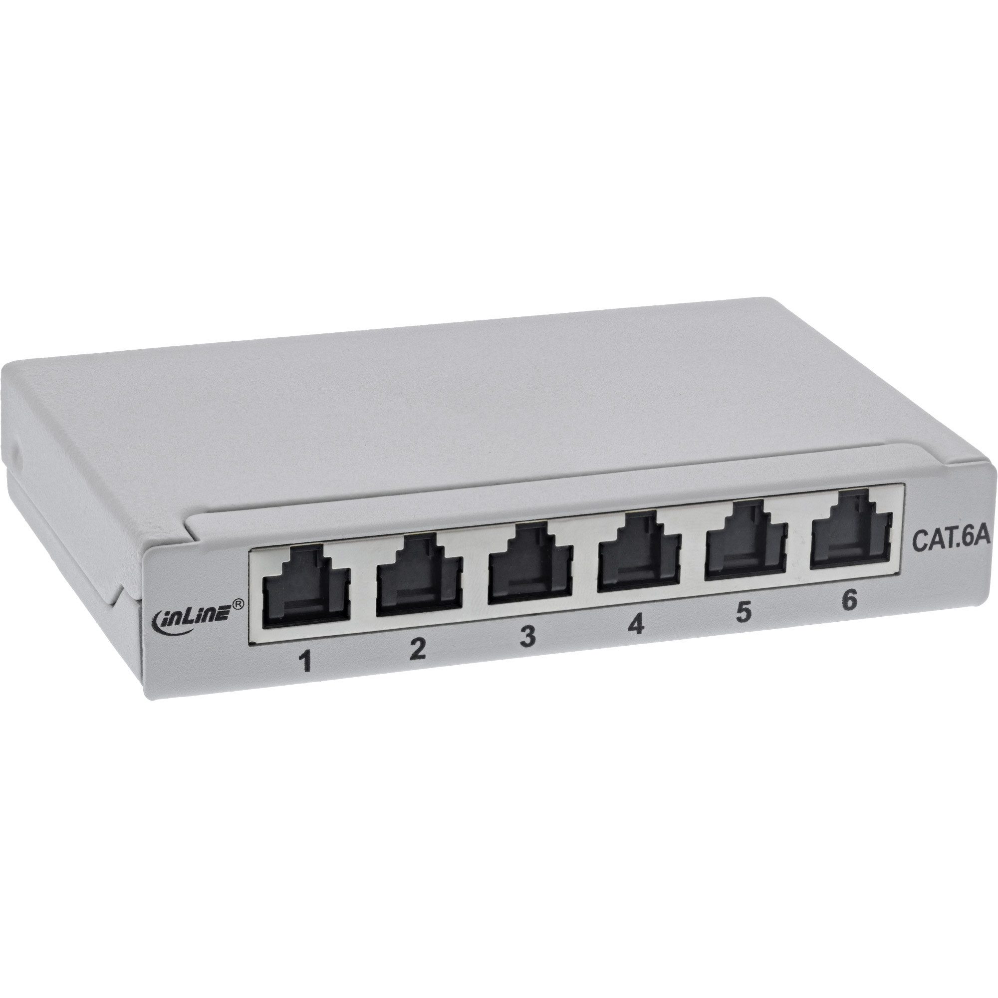 Cat.6A 0,5HE 6-fach, Tisch/Wand/Hutschiene, grau, Staubschutz Netzwerk-Patch-Panel