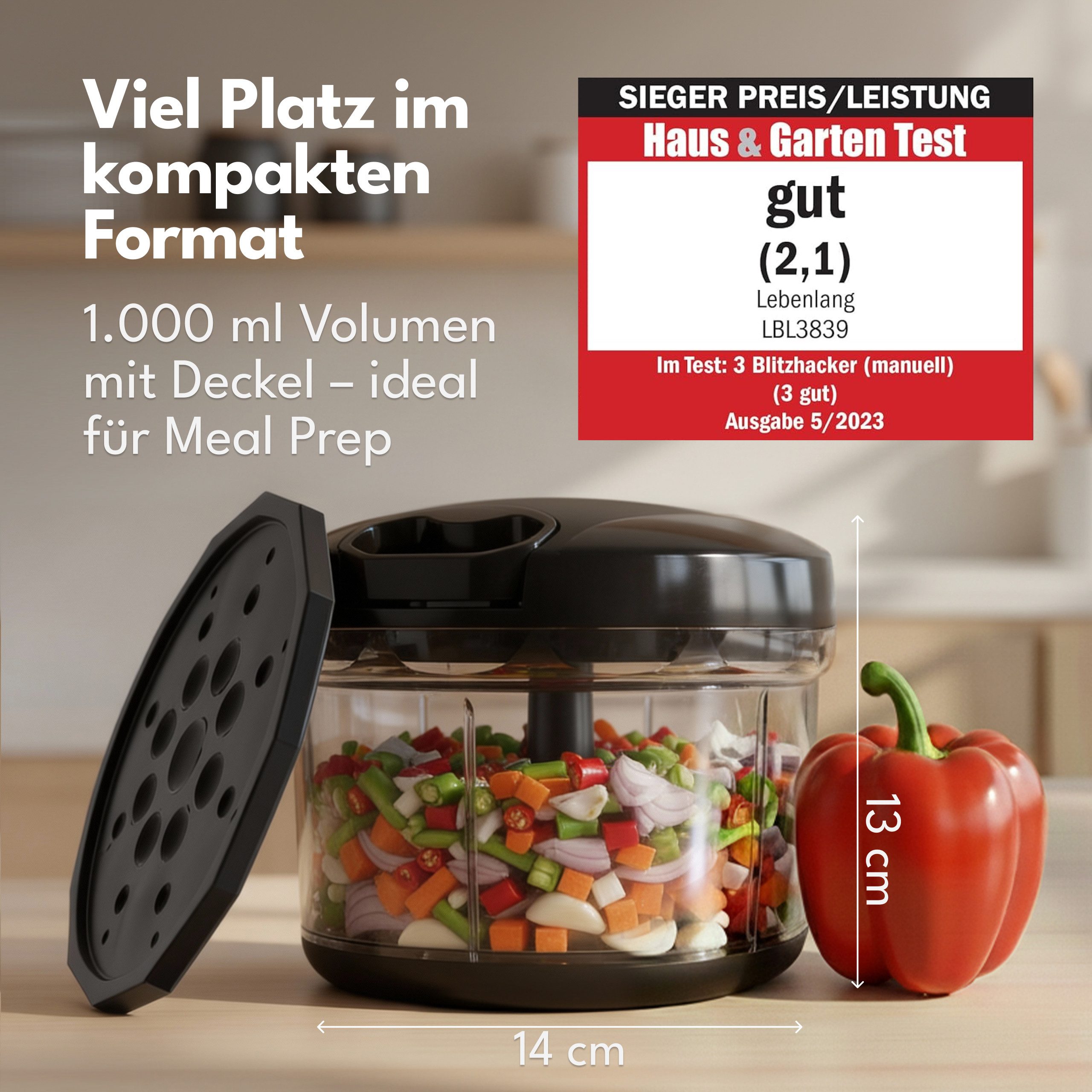 Lebenlang Zerkleinerer, manueller Zwiebelschneider & Multizerkleinerer, Gemüse & Knoblauch, 0 W, Edelstahlklingen I Spülmaschinengeeignet I BPA-frei IRutschfeste Basis