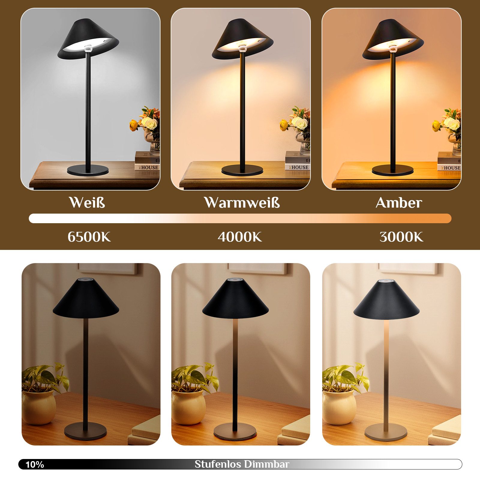 Lapalife Nachttischlampe LED Dimmbar Tischlampe Kabellos, Akku Tischleuchte, 3 Farbtemperaturen, Mit Touch Control für Indoor Nachttisch Terrasse Restaurant