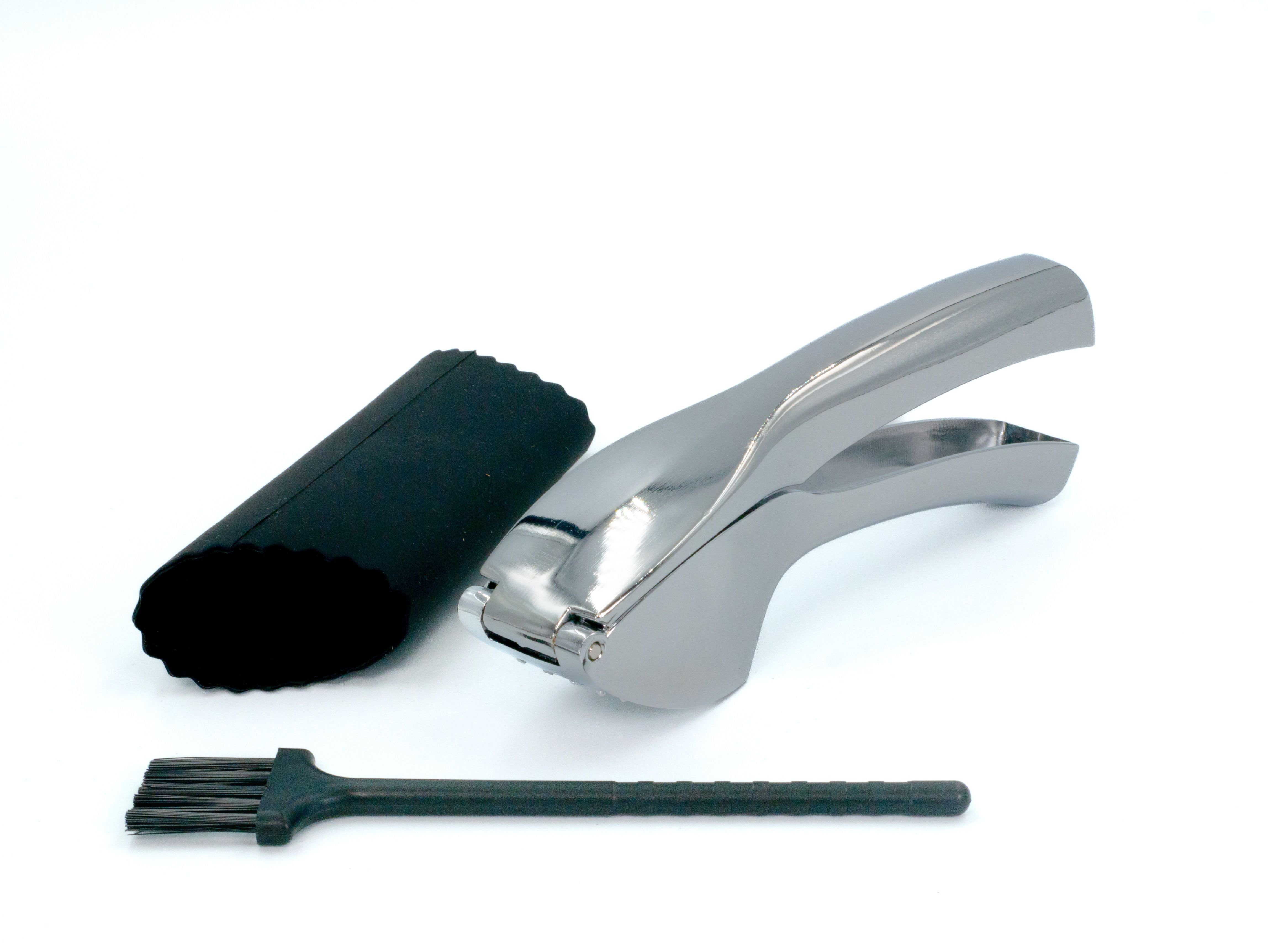 Intirilife Knoblauchpresse (3 St), Zinklegierung, 3-teiliges Set Knoblauchpresse mit Silikonschäler und Reinigungsbürste
