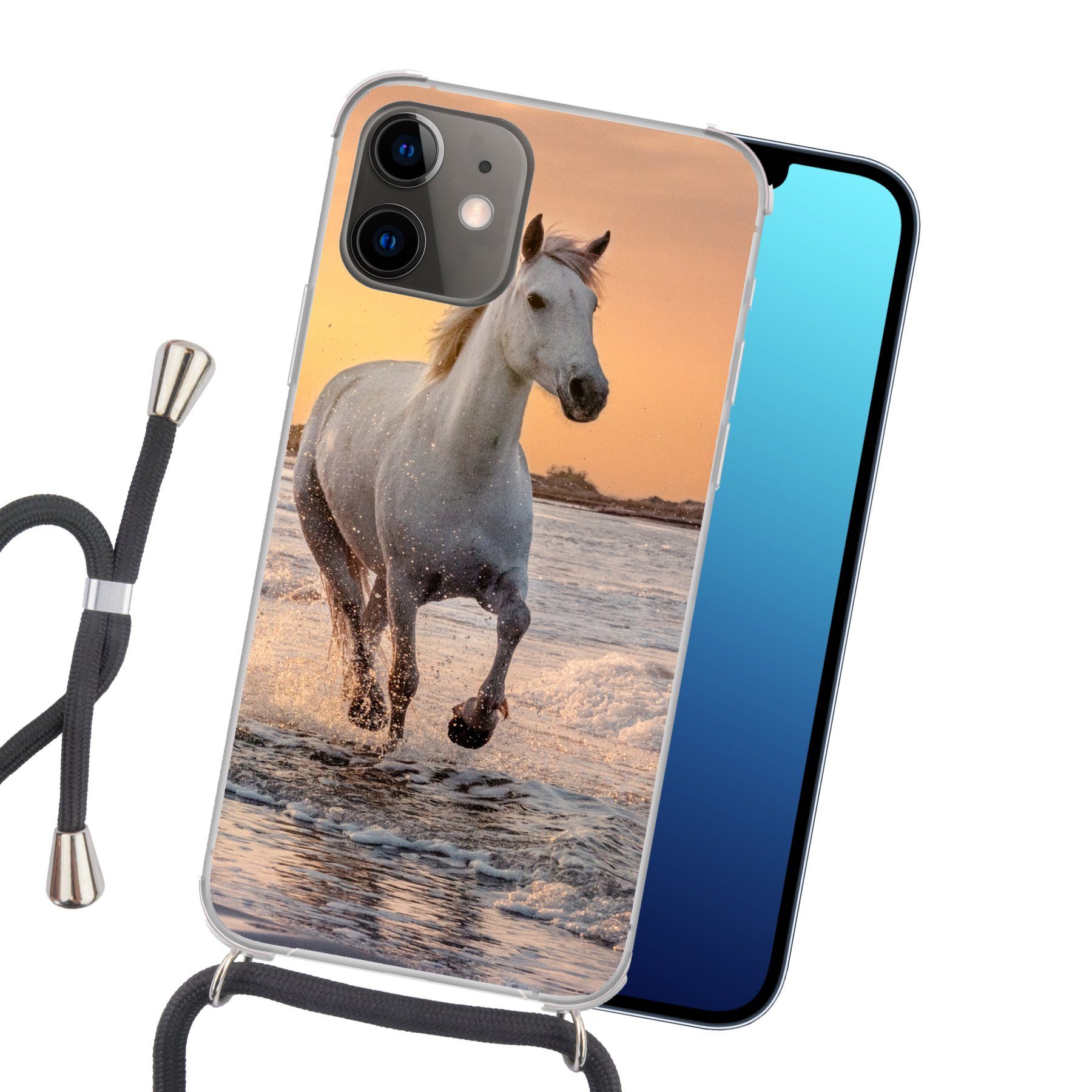 MuchoWow Handyhülle für Apple iPhone 12 Pferde - Sonne - Meer - Strand - Tiere, Tragbare Handyhüllen mit Kette zum umhängen, Handykette Handyband