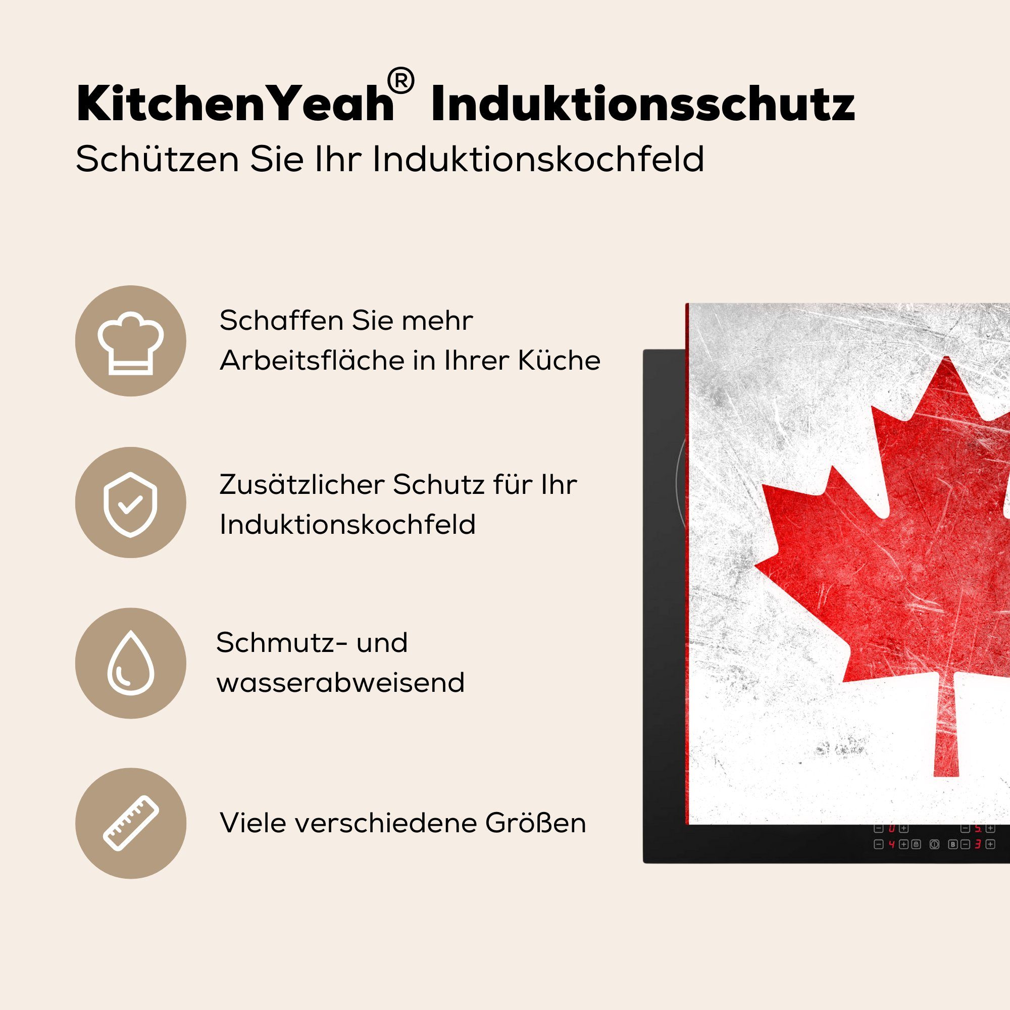 Ceranfeldabdeckung, Flagge für von Herdblende-/Abdeckplatte MuchoWow auf (1 Kanada Vinyl, tlg), Arbeitsplatte cm, Edelstahl, 78x78 küche