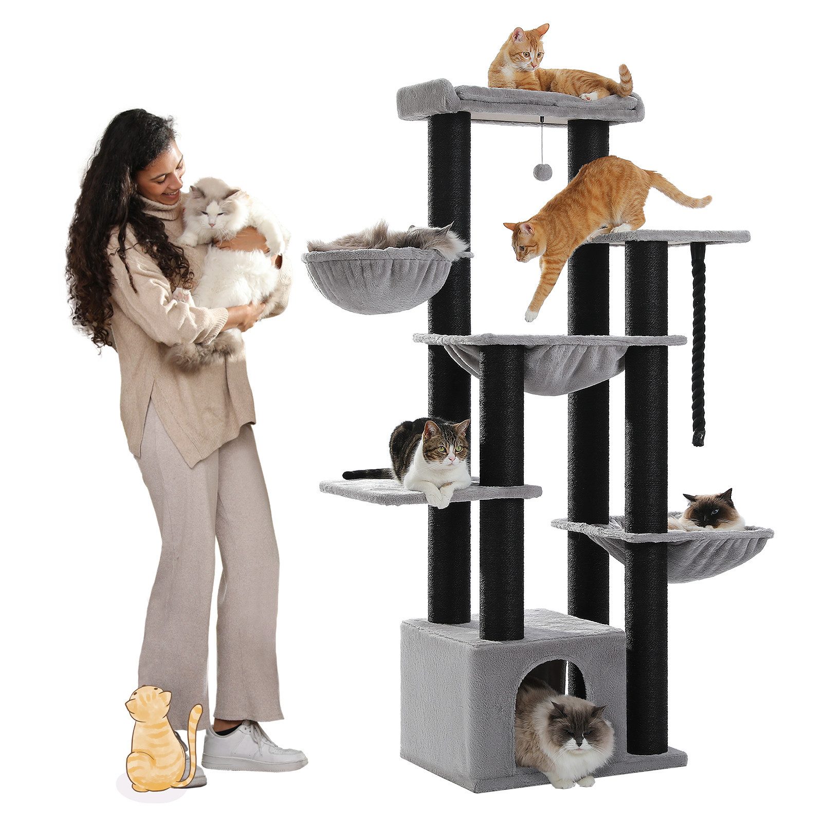 Kratzbaum Extra-Dick Stämme XXL Stabil für Grosse Katzen, 114/170 cm