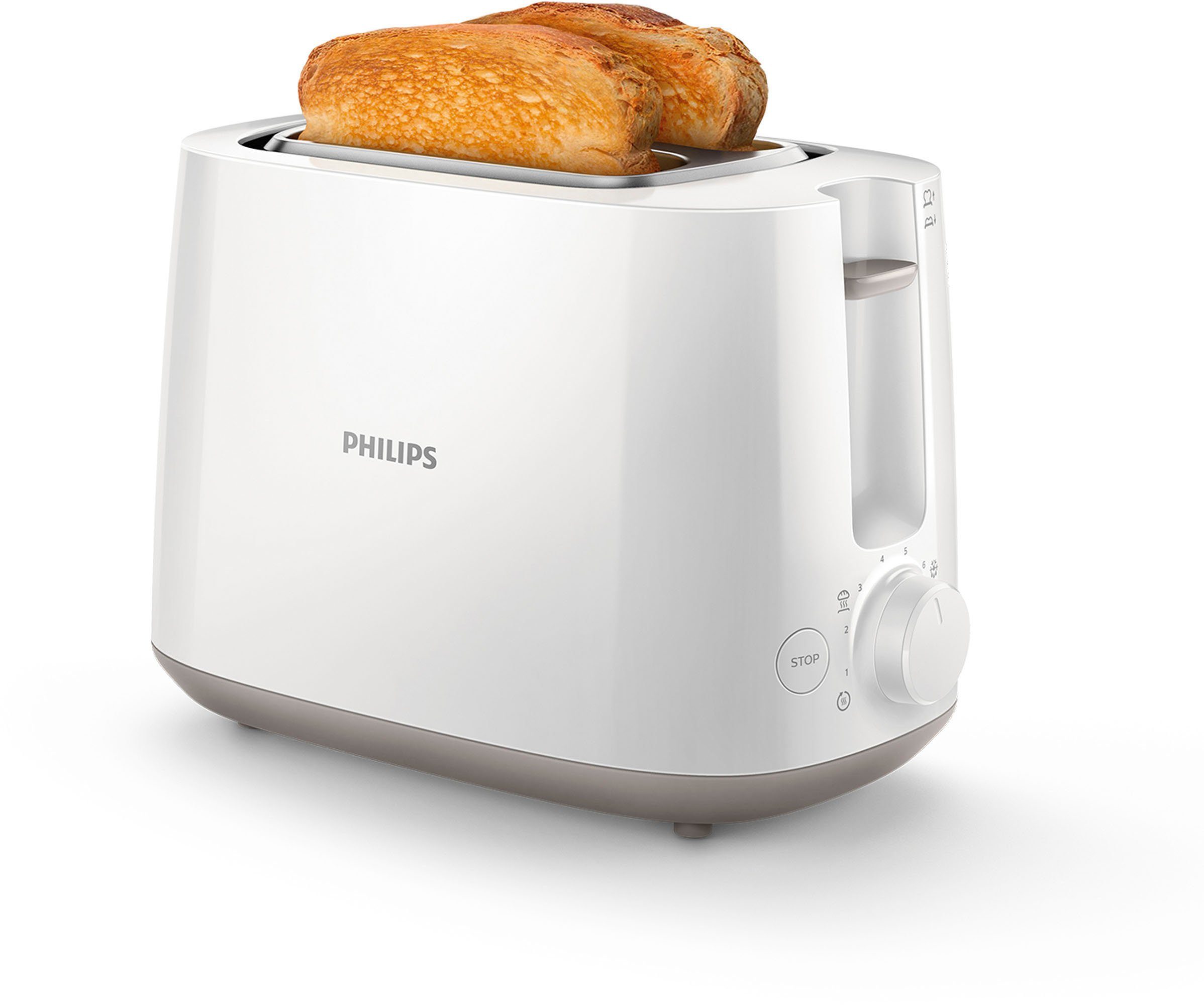 Philips Toaster HD2581/00, 2 kurze Schlitze, 830 W, integrierter Brötchenaufsatz, weiss
