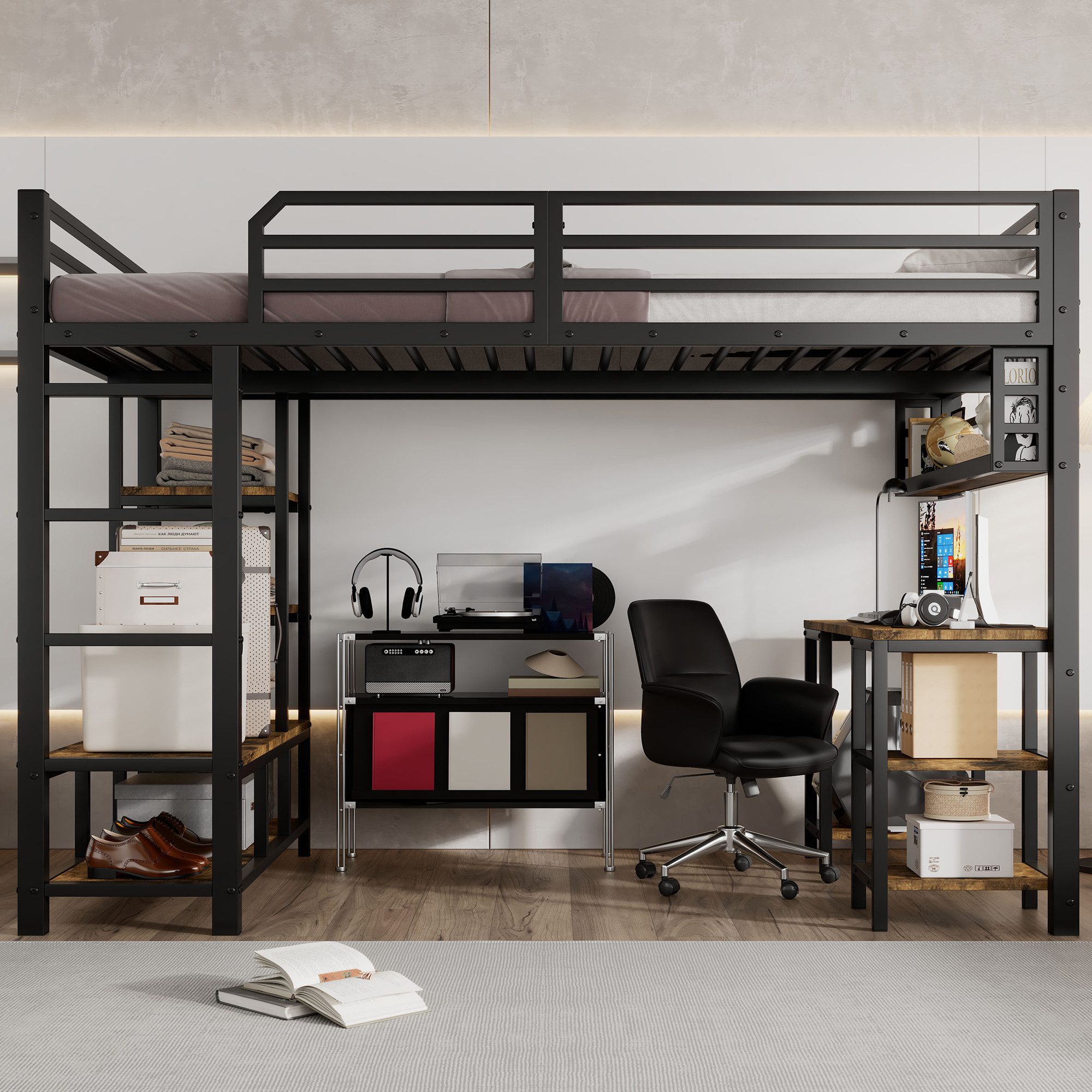 Merax Hochbett (1-St., Jugendbett Etagenbett Einzelbett) Metallbett Kinderbett 120x200cm mit Schreibtisch Ablagefläche & Leiter