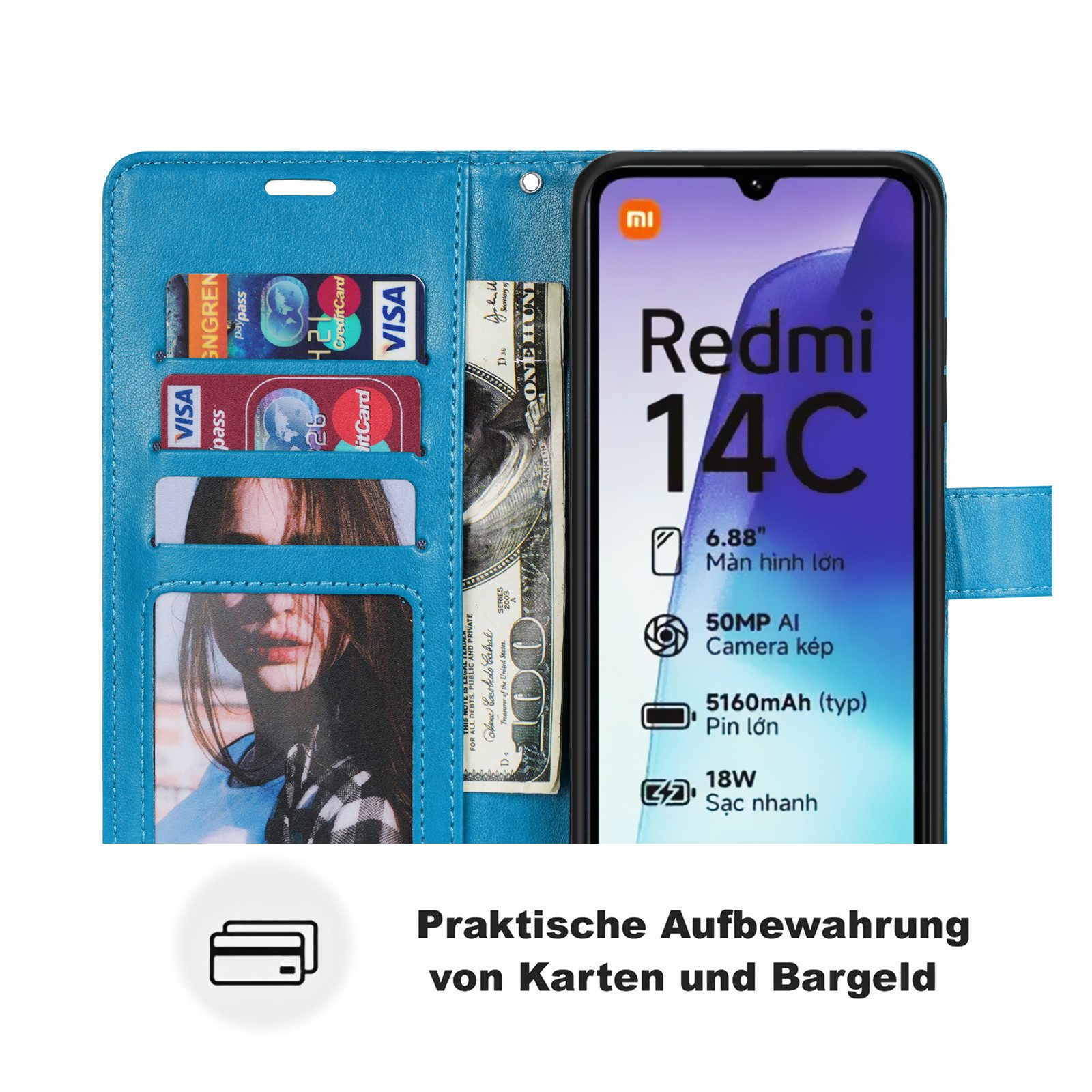 betterfon Handyhülle Handytasche für Xiaomi Redmi 14C / Poco C75 Klapphülle Wallet Case, Wallet Case mit Kartenfächern Magnetverschluss und weicher Innenhülle – Bild 4 von 5