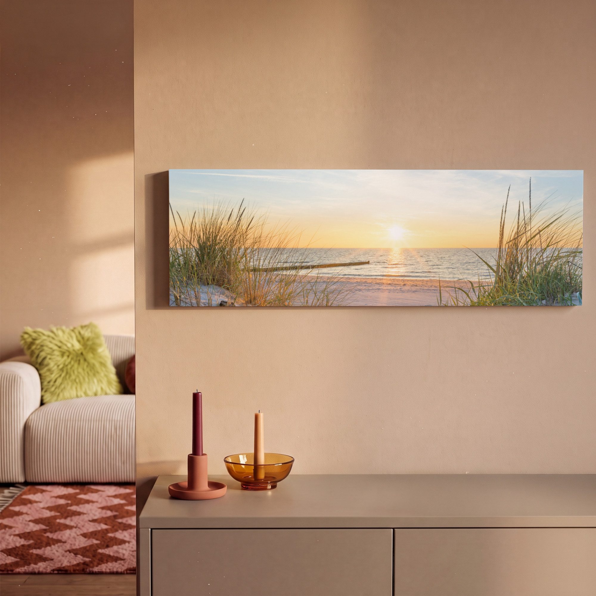 OneMillionCanvasses® Leinwandbild Panorama Strand - Sonne - Düne - Gras - Sand - Horizont, Fotodruck (1 St), Wandbild, Deko Schlafzimmer Wohnzimmer Flur 60x20 c – Bild 2 von 5