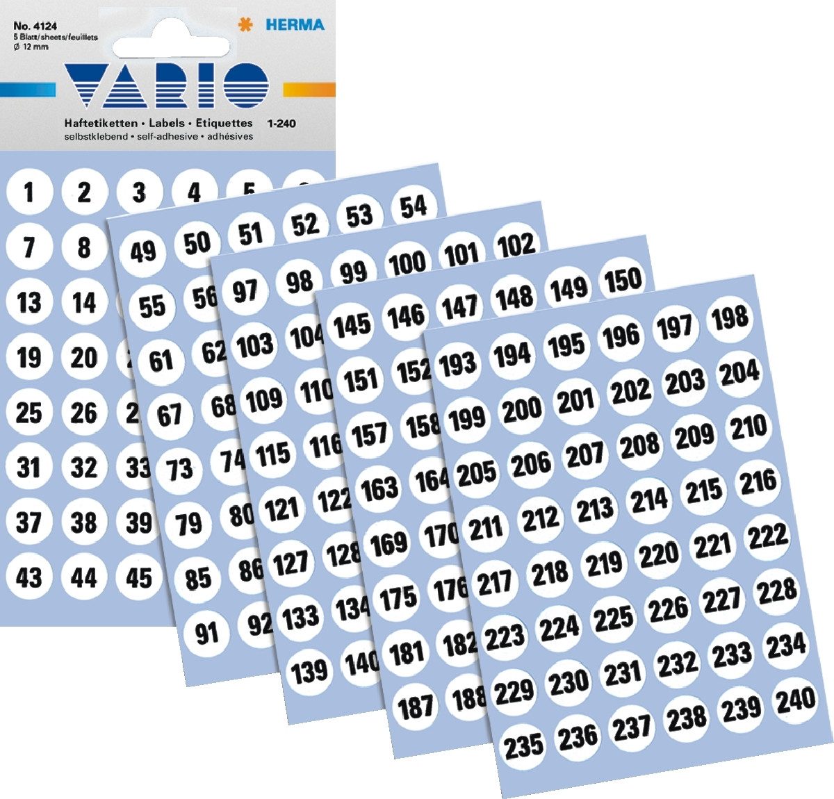 HERMA Etiketten Zahlen 12mm 1-240 selbstklebend Papier schwarz VE=5 Blatt