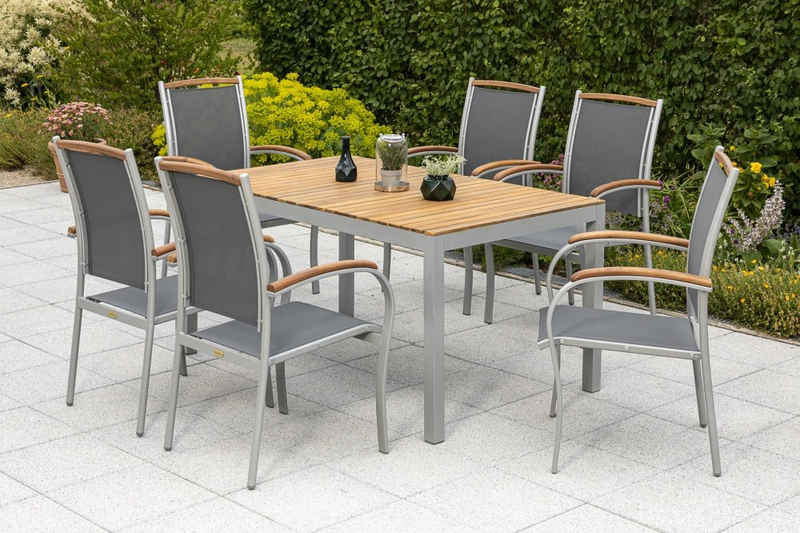 MERXX Garten-Essgruppe Siena, (Set, Tisch, 6 Stapelsessel, Aluminium mit Textilbespannung und Akazienholz), 1 Tisch mit platzsparenden Stapelsesseln