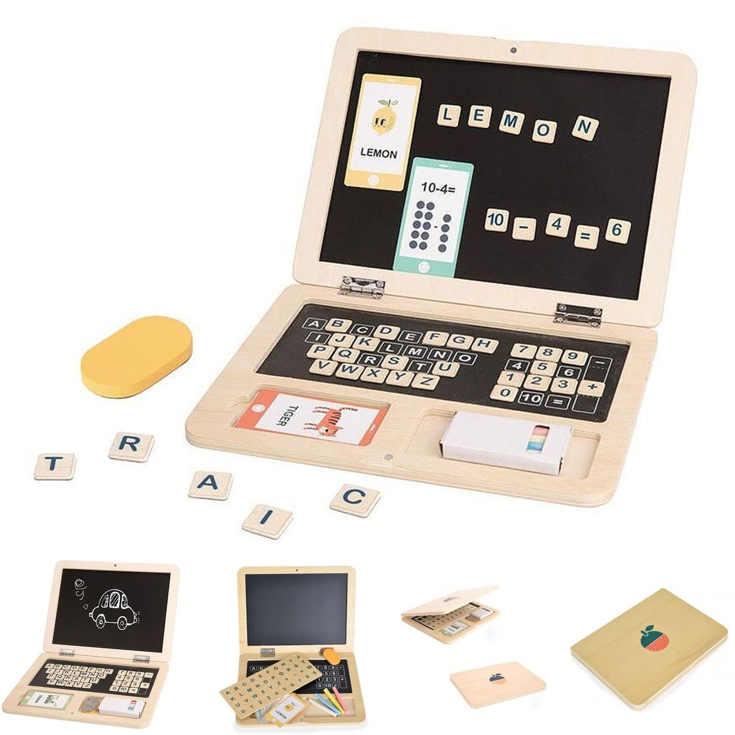 Tooky Toy Lernspielzeug Kinderspielzeug Holz-Laptop, TH819, Magnet-Buchstaben, bunte Kreide