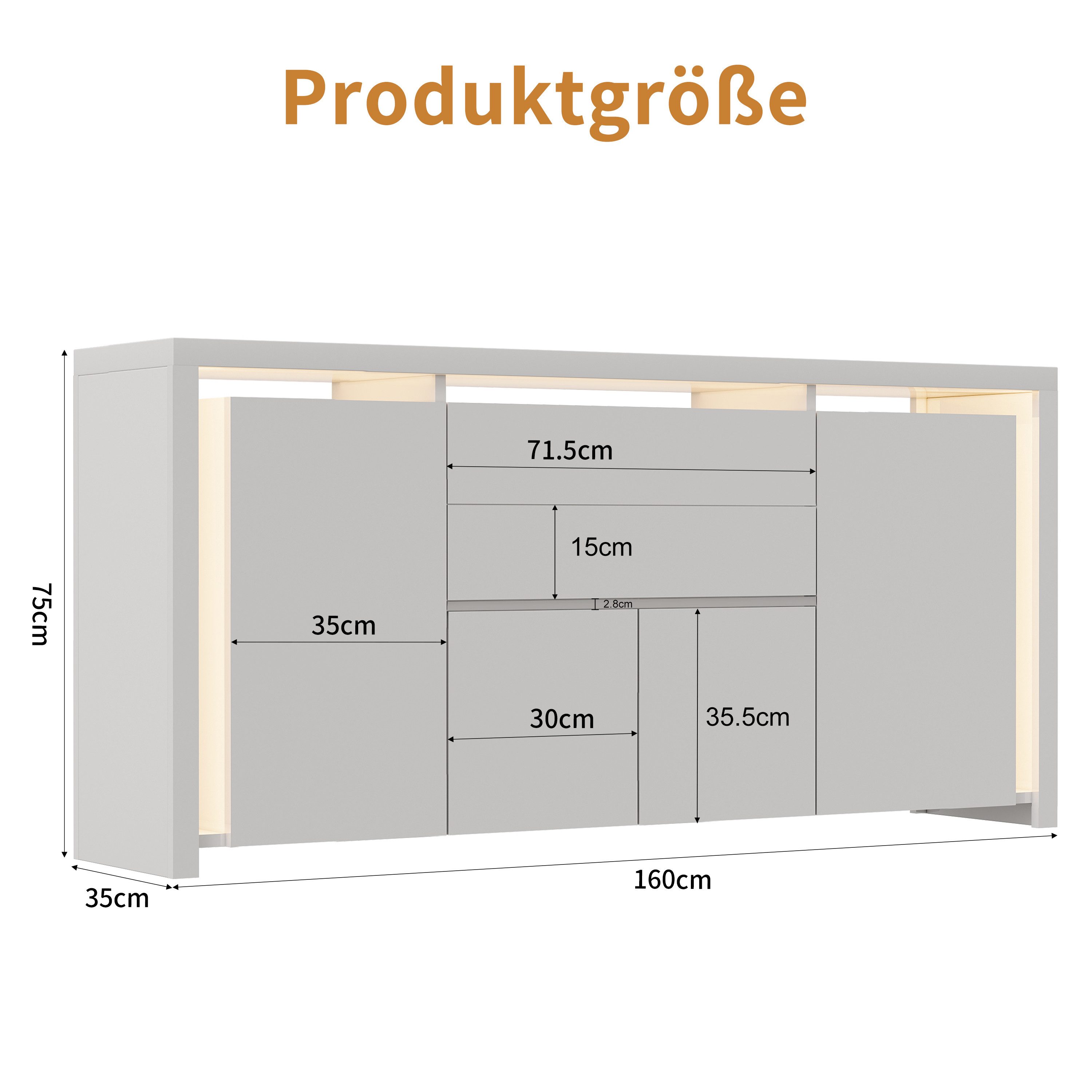Furnishings Home Sideboard Mehrzweckschrank LED Hochglanz Buffetschrank, Breite 160 cm (1 St., Beistellschrank mit 4 Fächern und 2 Schubladen), Hochglanz mit LE – Bild 4 von 5