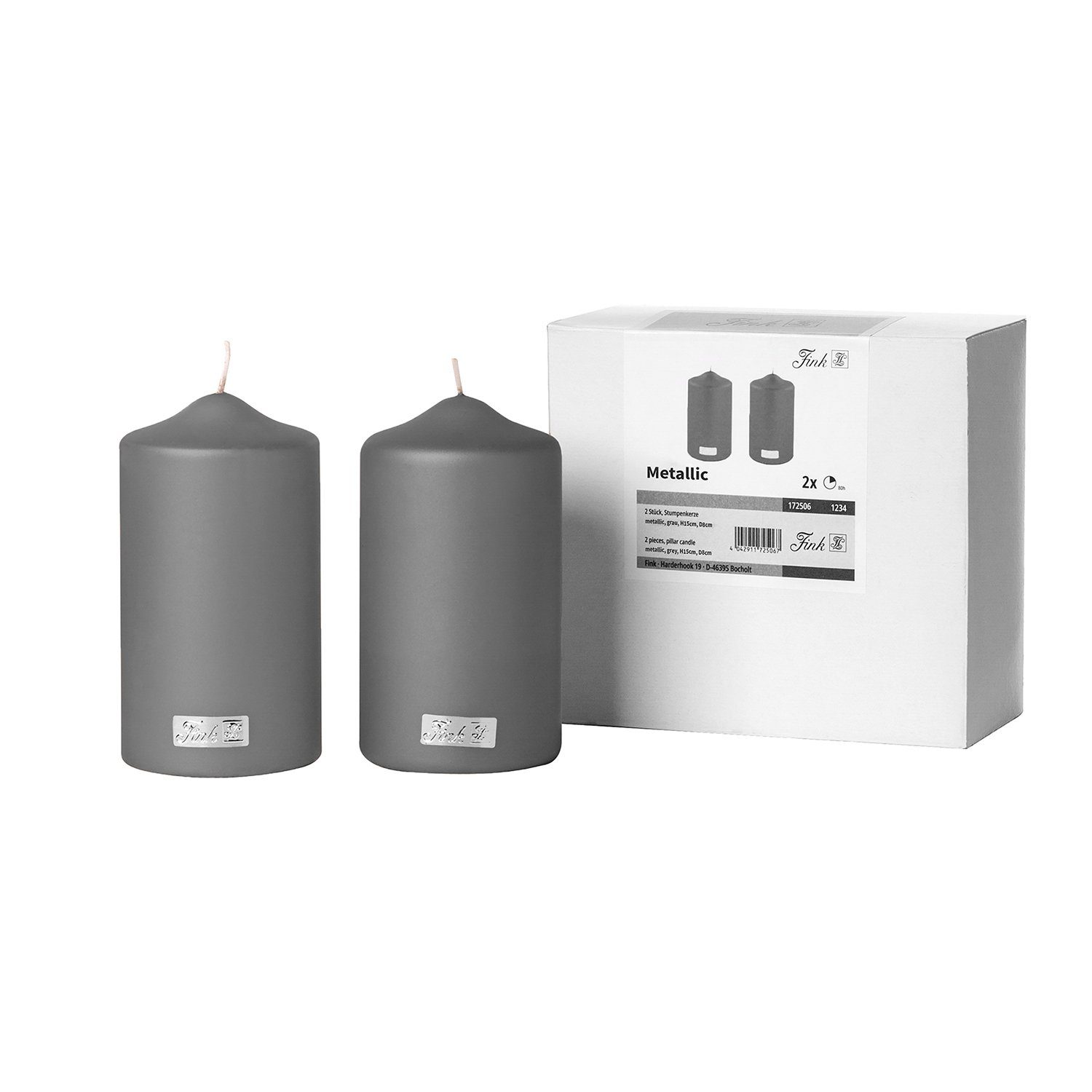 Fink Stumpenkerze CANDLE 2er Set Stumpenkerzen - grau - Paraffin - H. 15cm x B. 8cm (1-tlg., Dicke Kerzen - Großkerzen), Säulenkerzen Blockkerzen Zylinderkerzen - Elegante Standkerzen