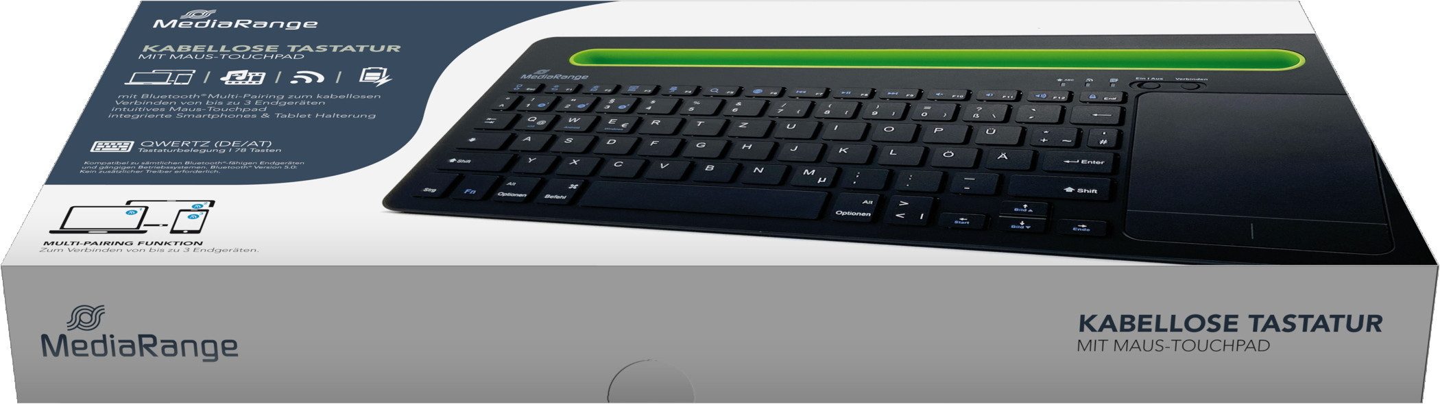 Mediarange Multi-pairing Funk Tastatur QWERTZ 78 Tasten + Touchpad schwarz/grün Tastatur