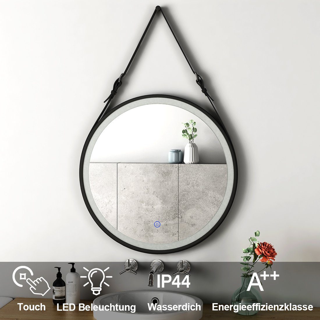 S'AFIELINA Badspiegel Badspiegel Touch-Schalter,3000/4000/6500K Runder Lichtfarbe,Energiesparend,IP44 Badezimmerspiegel, mit Beleuchtung