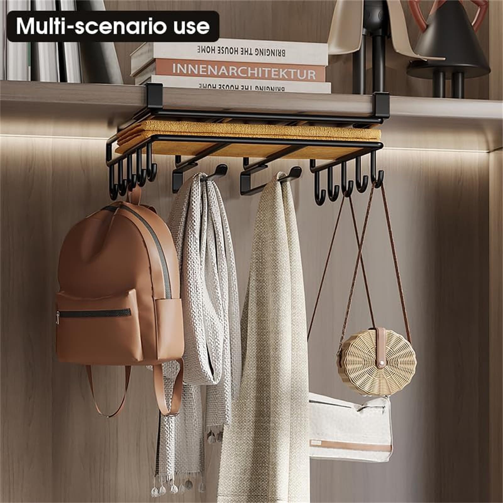 SURFOU Hängekorb Einhängekorb Küchenregal Schrankkorb Schneidebrett Halter Ohne Bohren (Edelstahl-Schrankkorb zum Einhängen, Schrankeinsatz Tassenhalter, Unterbau-Halter für Schneidebrett, Tassen, Küchenrollen & Utensilien, 1 St., Mit 2 Handtuchhaltern, 10 Haken und 1 Schneidebretthalter), platzsparend & vielseitig, rostfrei, ideal für Küche, Bad oder Balkon