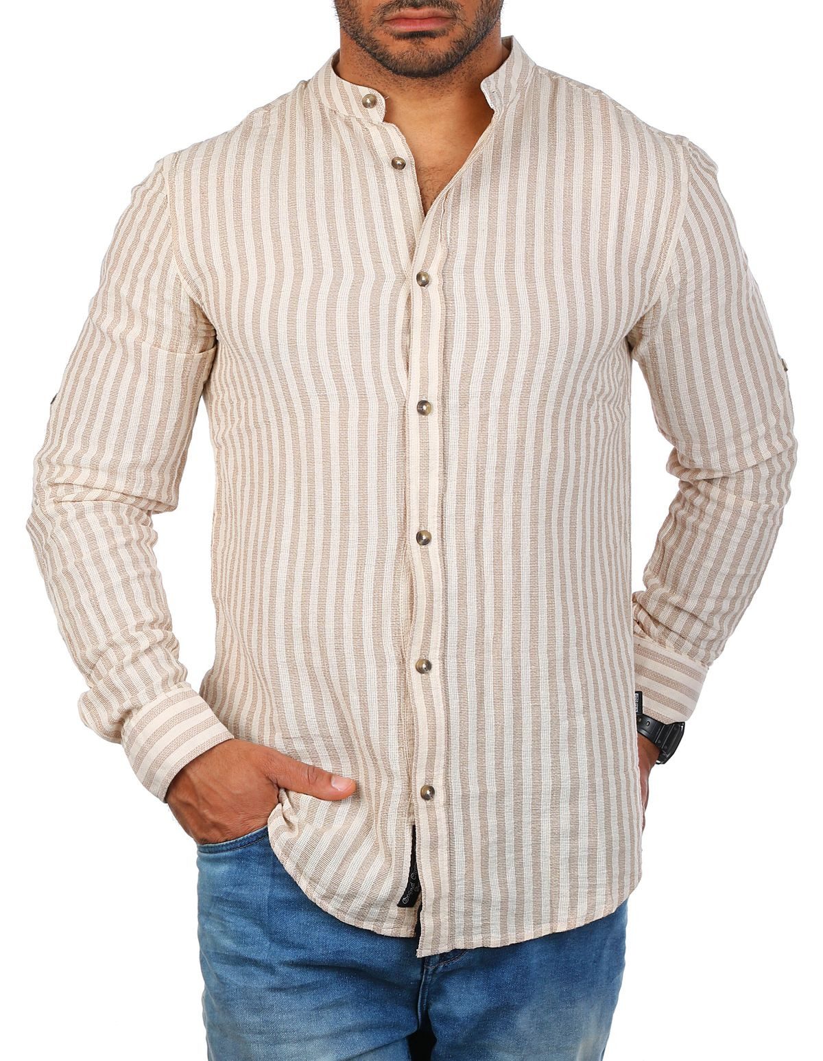 CARISMA Langarmhemd Herren Hemd trendig luftig grob gewebt retro Look 8607 Regular Langarm Stehkragen Gestreift – Bild 4 von 5