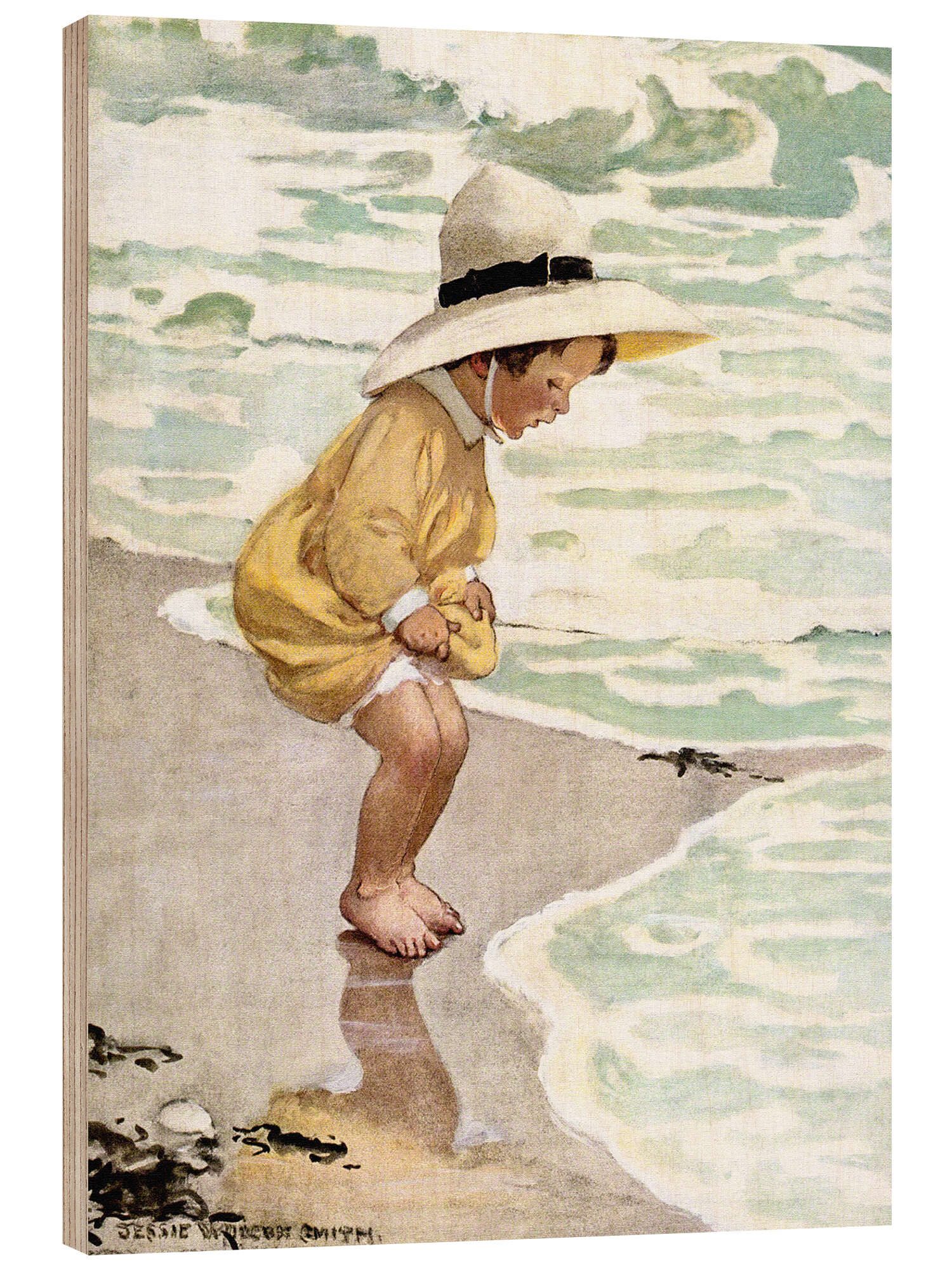 Posterlounge Holzbild Jessie Willcox Smith, Ein kleines Mädchen spielt in den Wellen, Badezimmer Maritim Illustration