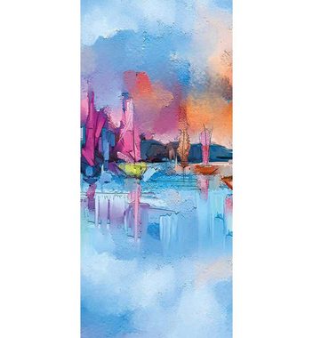 MyMaxxi Dekorationsfolie Türtapete bunt gemalter Hafen mit Wasserfarben
