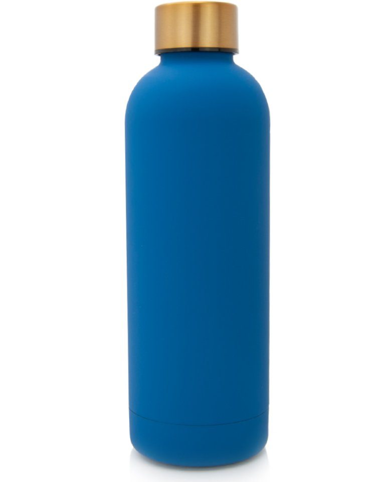 TRENDY AND NEW Trinkflasche T&N Edelstahl Trinkflasche Classique 500ml, Thermosflasche 0,5l für Büro, auslaufsichere Wasserflasche für Kohlensäure, Thermoskanne mit GRATIS Samttasche für unterwegs, Isolierflasche für Tee & Kaffee, mit HIGH EFFECTIVE INSULATION TECHNOLOGY hält 14h HEISS 29h EISKALT, Flasche für Sprudel-Wasser Classique Blue Gold