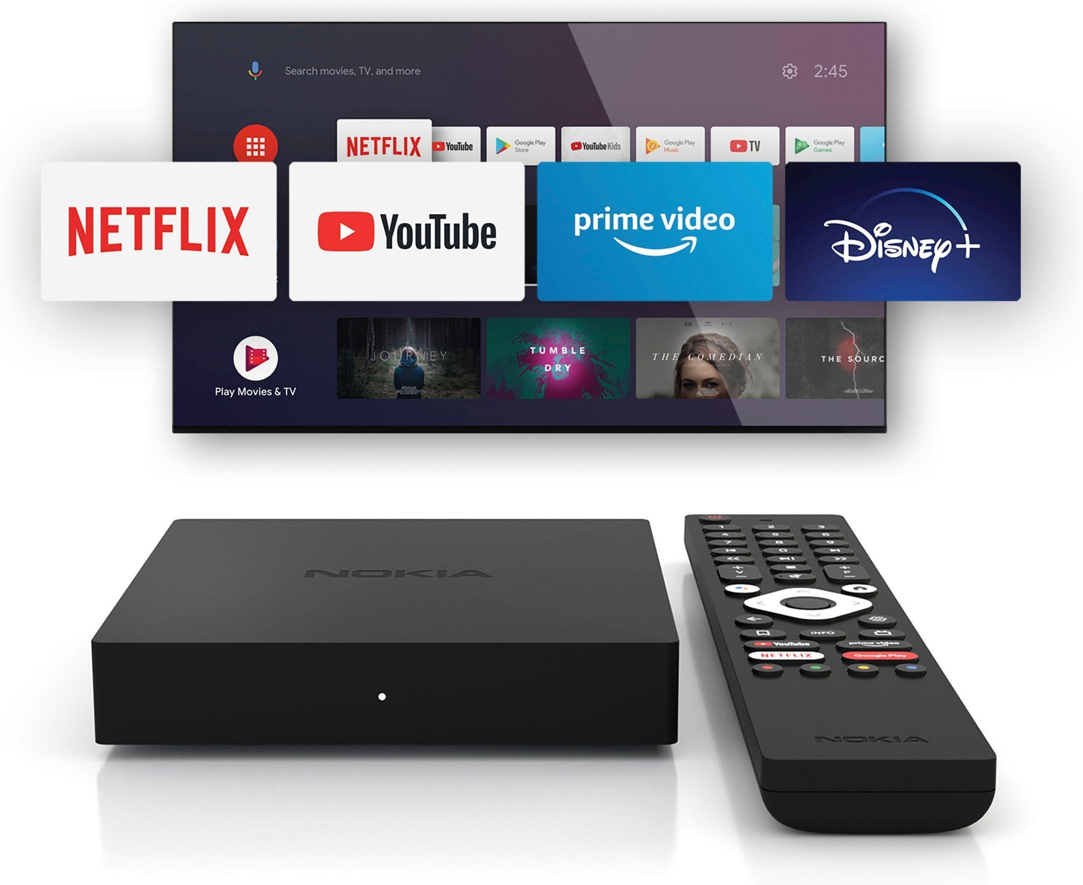 Streaming-Box beleuchtete Ultra HD Google Player, Fernbedienung UHD, mit 12 Assistant), Nokia Chromecast, Prime Box TV Android Android Netflix, (Kompatibel TV 4K Media HDMI, Disney+, Video,