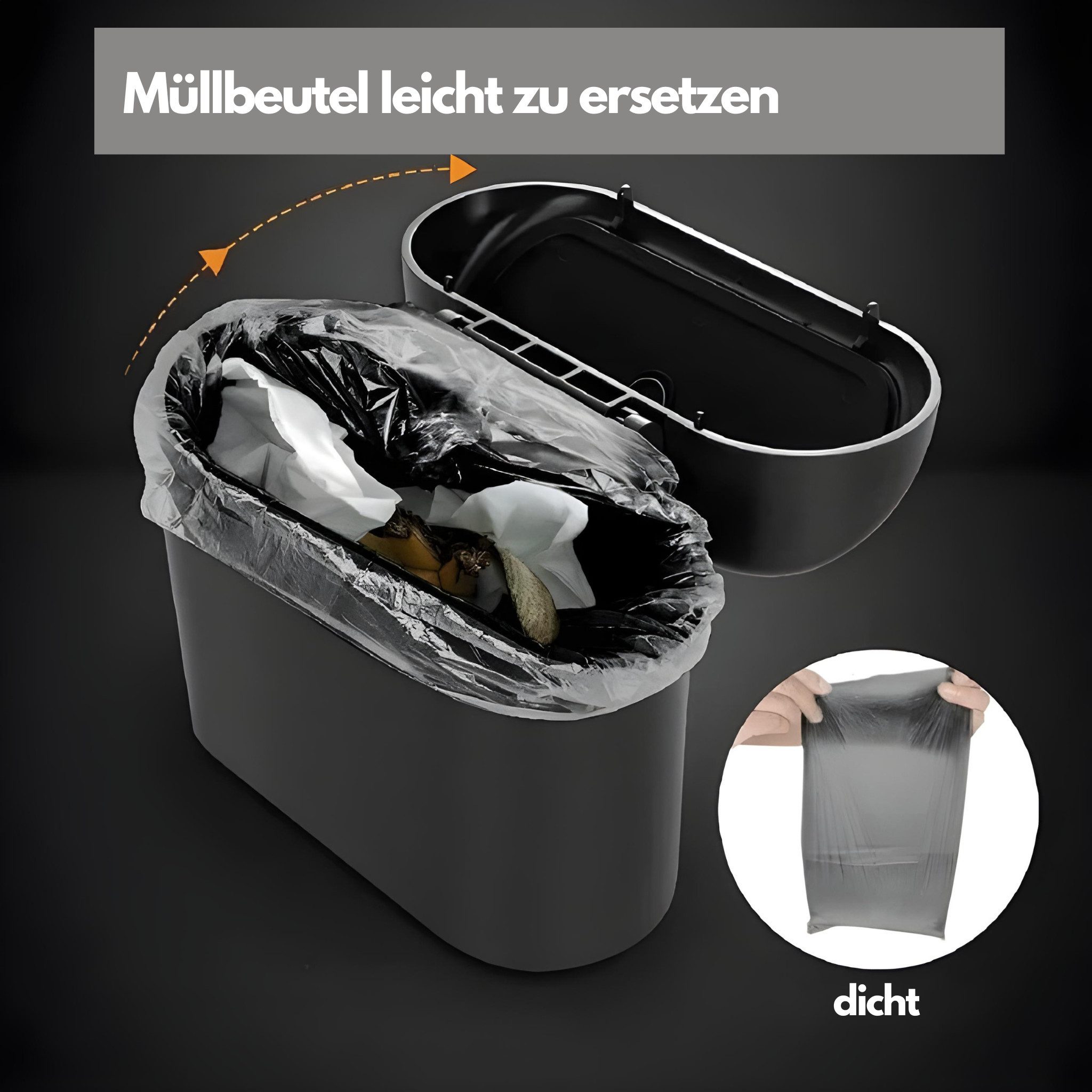 HS.SUPPLY Mülleimer Auto Mülleimer mit Druckdeckel – Mini Abfalleimer fürs Auto, Automülleimer inklusive Müllbeutel