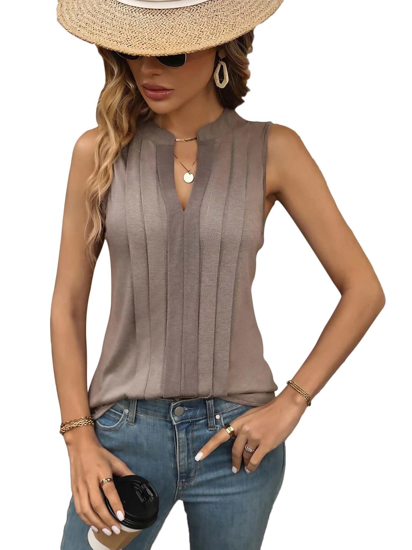DEBAIJIA Kurzweste Damen Tank Top Plissee V-Ausschnitt Ärmellos T-Shirt Sommer Elegant