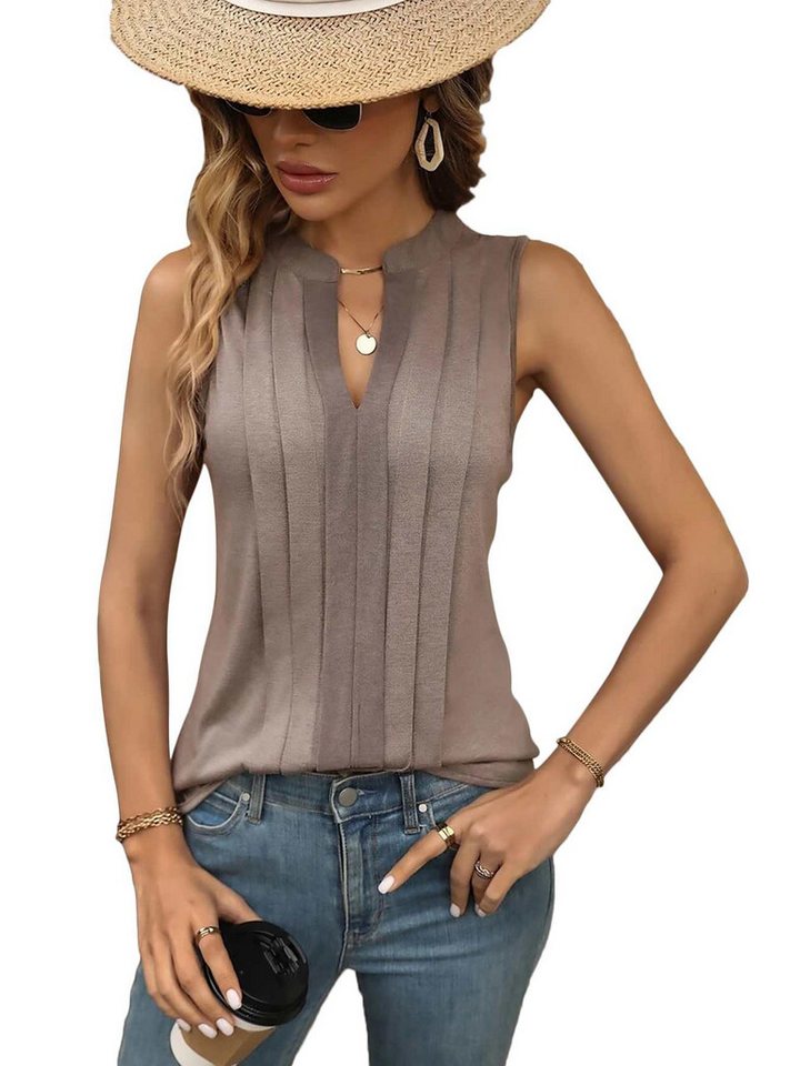 DEBAIJIA Kurzweste Damen Tank Top Plissee V-Ausschnitt Ärmellos T-Shirt Sommer Elegant