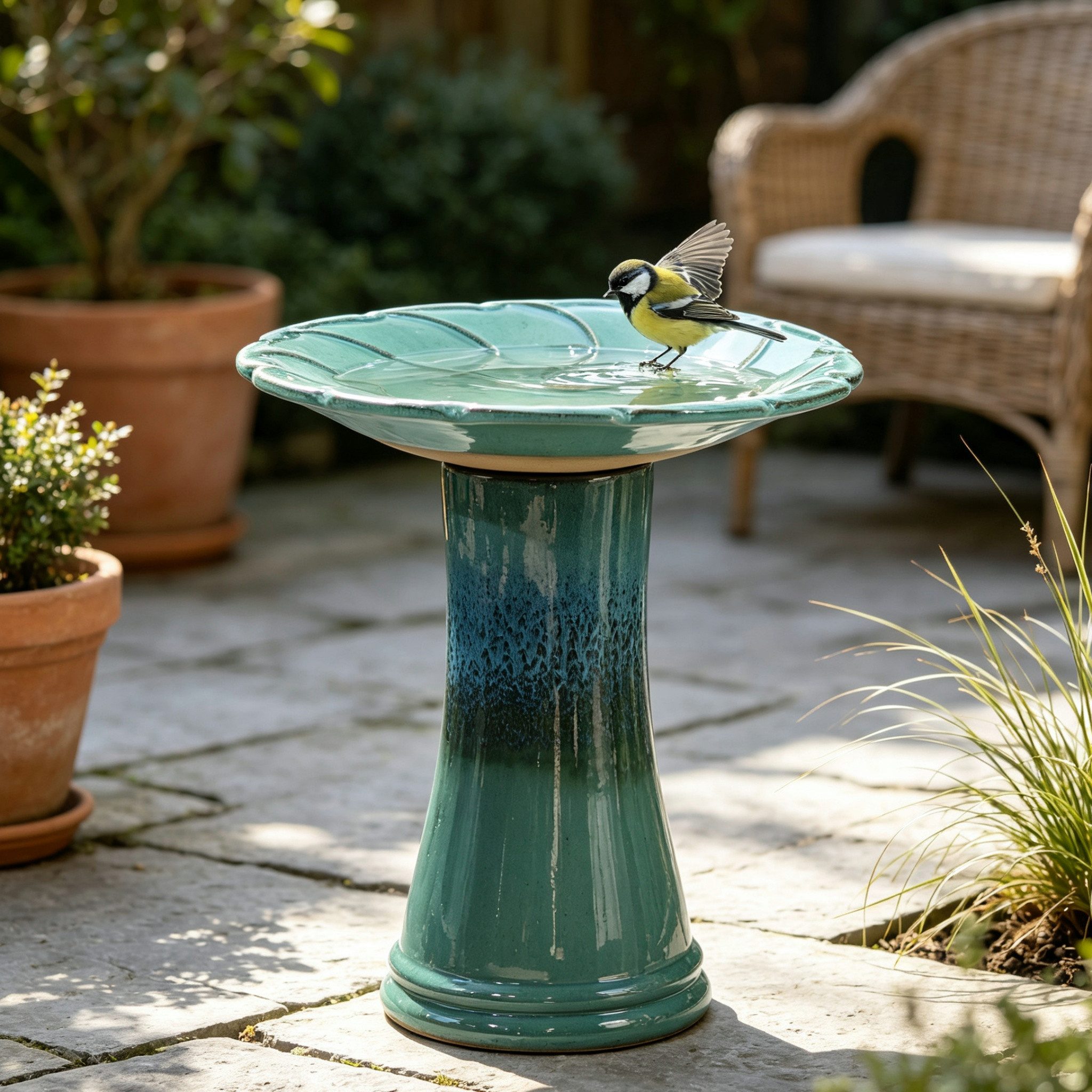 Blossom Vogeltränke Keramik Vogelbad Ø43 cm mit Blattrelief, frostfeste Vogeltränke, Vogelbecken Handgefertigte Gartendekoration mit Türkis-Glasur