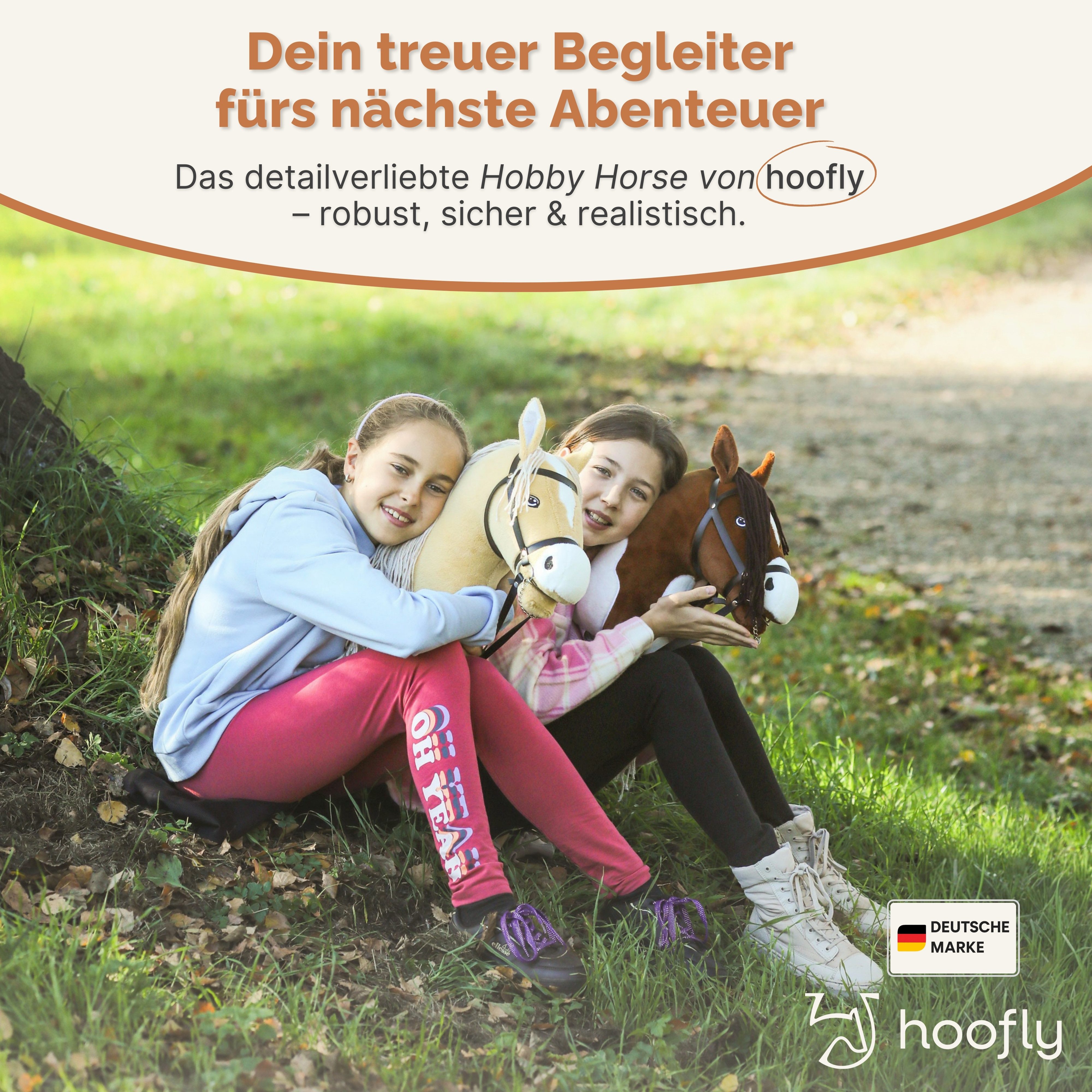Hoofly Steckenpferd Hoofly® Hobby Horse Pferde Set mit Trense und Schraubstab in 4 Designs, (mit Trense & Schraubstab, hobby horsing, Stockpferd), Abschraubbarer Stab