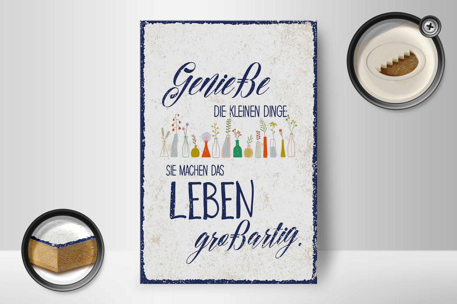 Femer GmbH Holzbild Spruch 12x18 cm Genieße die kleinen Dinge Leben großartig, (1 St), Glatte Holzfaserplatte (MDF), vorn beschichtet