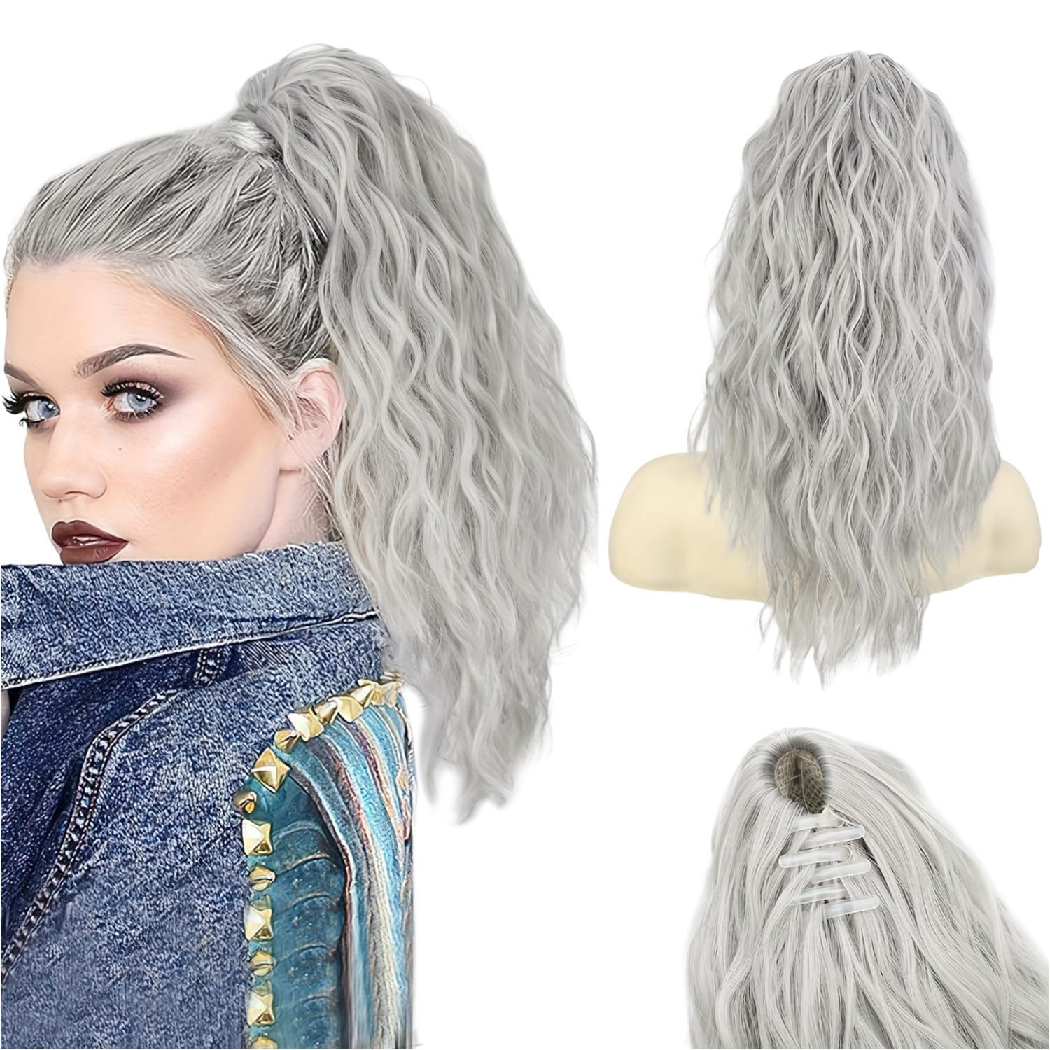 Refttenw Kunsthaarperücke Damen Flauschige Gewellte Ponytail Pferdeschwanz Extension mit Clip