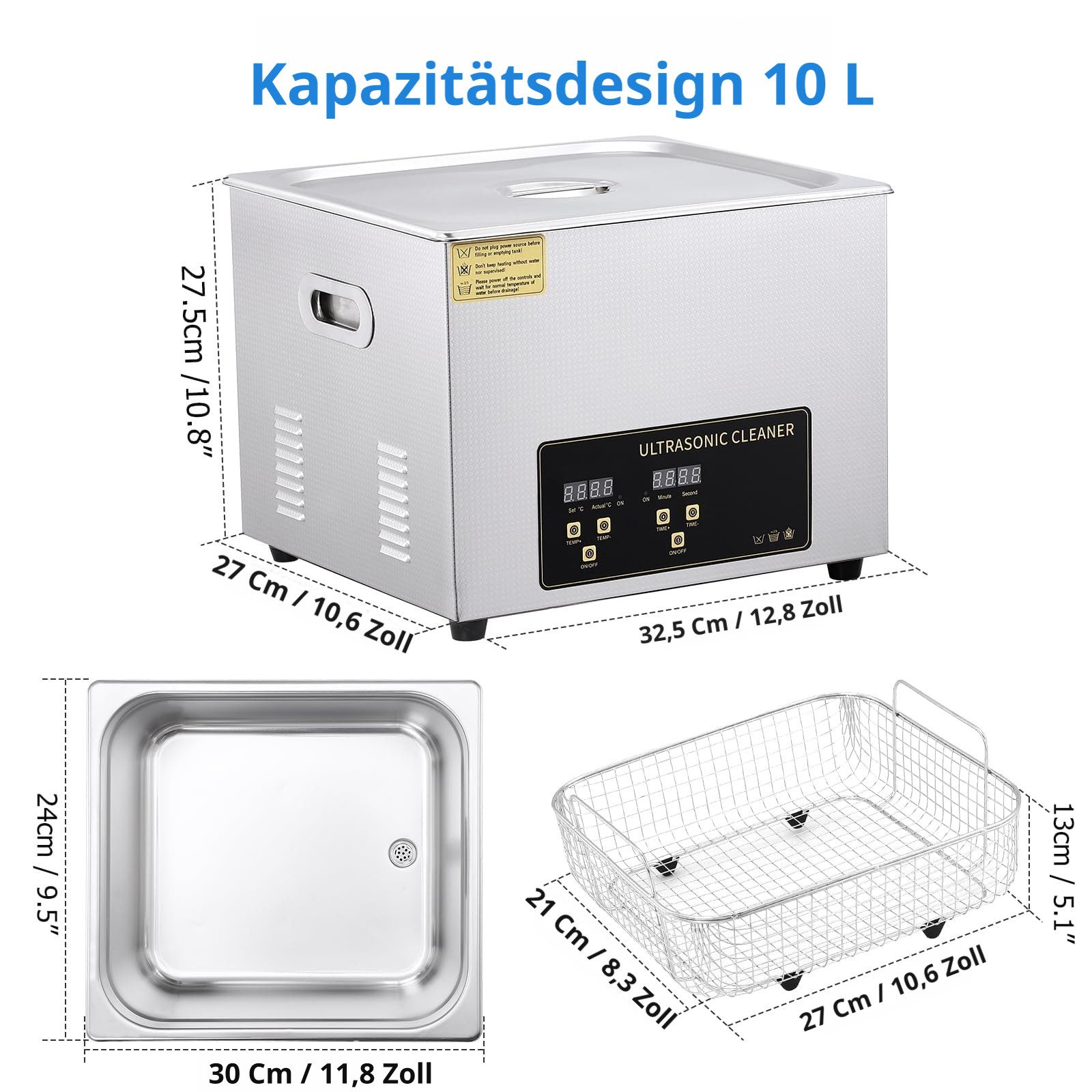 GarveeMore Ultraschallreiniger aus Edelstahl, für Brillen/Schmuck/Uhren, 10L, digitales Bedienfeld, Timer 0-30 Min, Heizung bis 80°C, 40kHz, 240W