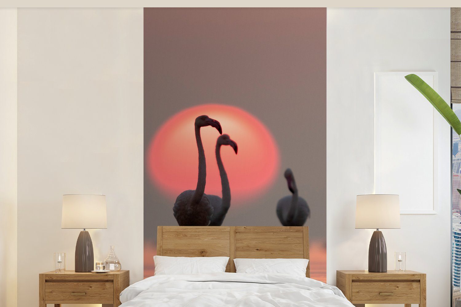 MuchoWow Fototapete Vogel - Flamingo - Sonnenuntergang - Rosa, Matt, bedruckt, (2 St), Vliestapete für Wohnzimmer Schlafzimmer Küche, Fototapete