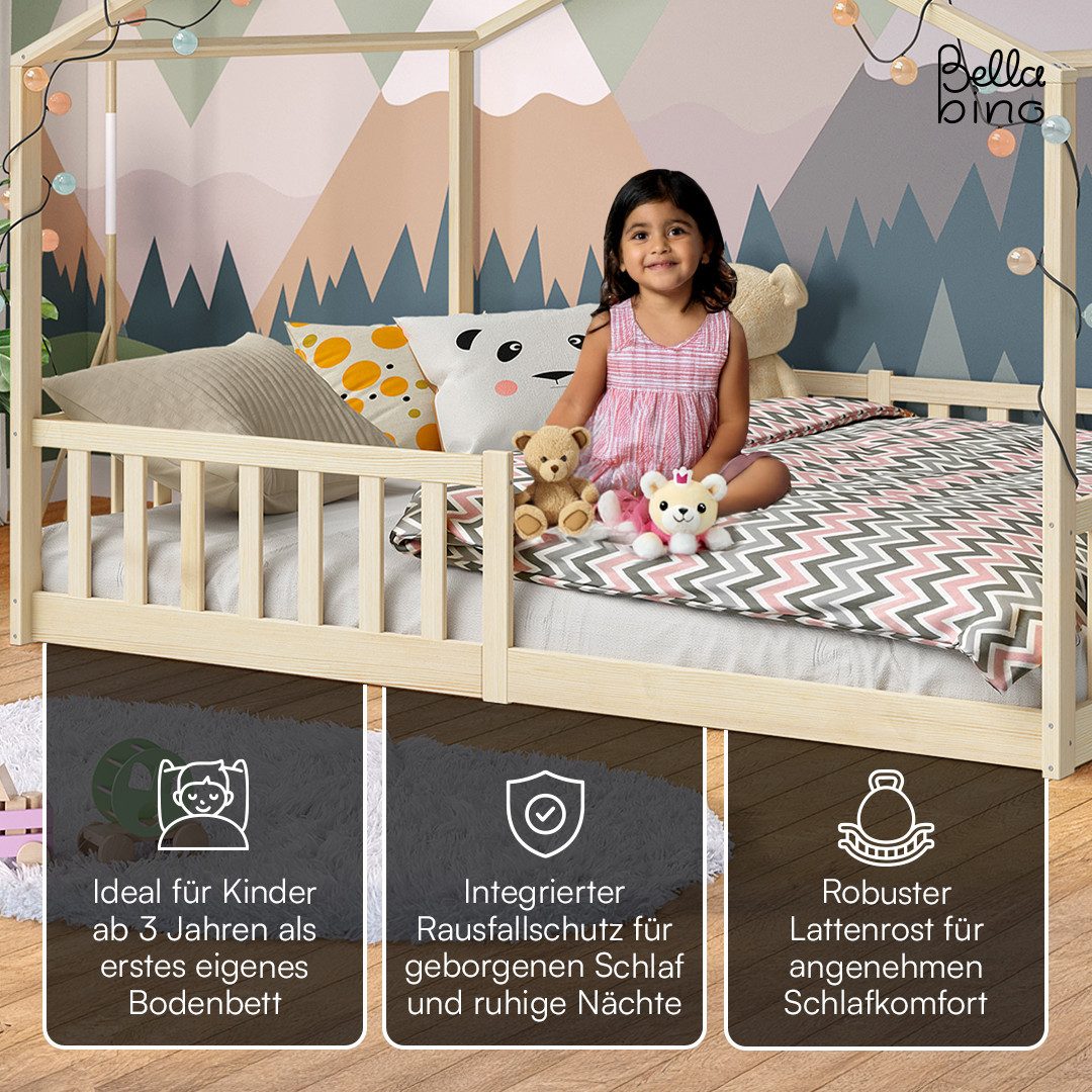Bellabino Hausbett Kinderbett Bia mit Lattenrost (natur, optional mit Matratze), Bodenbett mit Rausfallschutz, verfügbar in 80x160 & 90/120/140x200 cm
