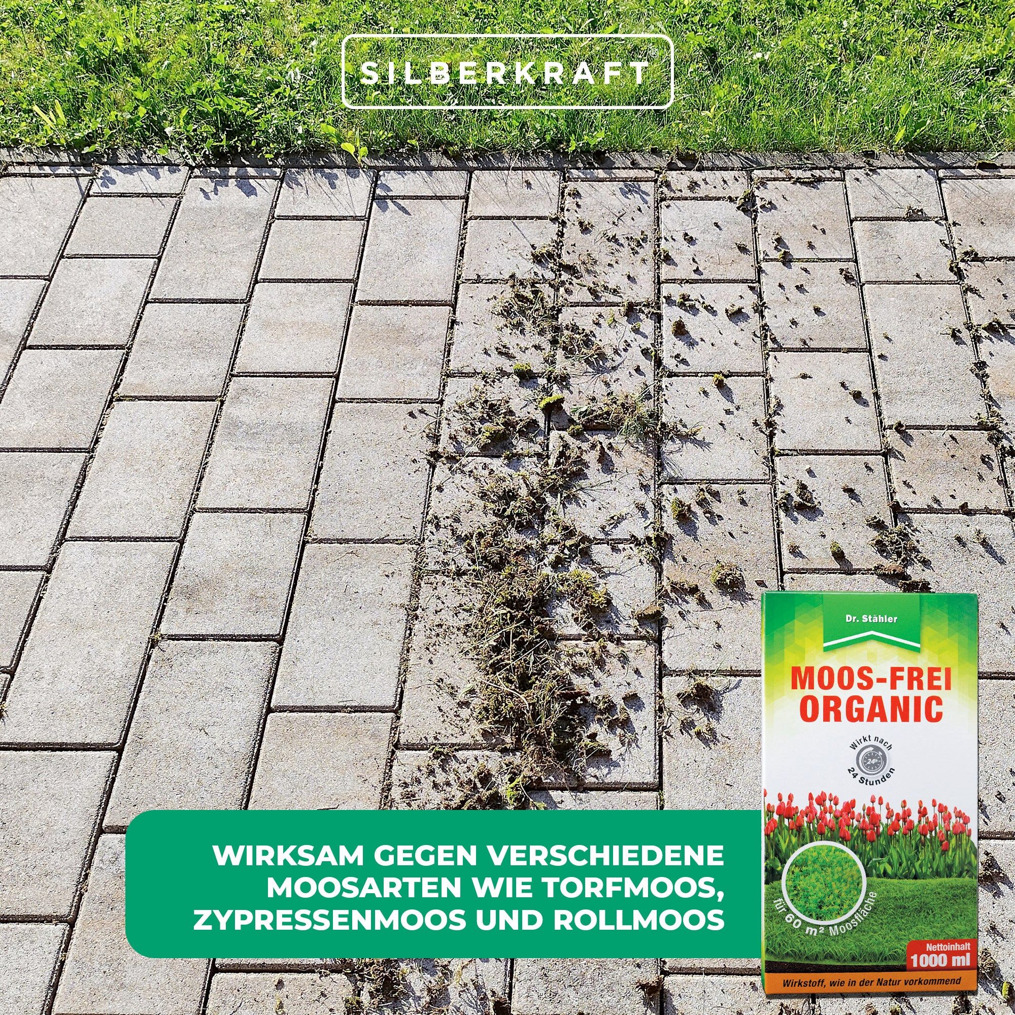 Dr. Stähler Unkrautbekämpfungsmittel Moos-Frei Organic: Hochwirksamer Moosentferner, 1000 ml, 1 x 1000 ml Moos-Frei Bio Schnell wirksam & ohne Rostflecken, Moos-Frei Organic – Bio-Moosentferner für Rasen, Wege & Steine
