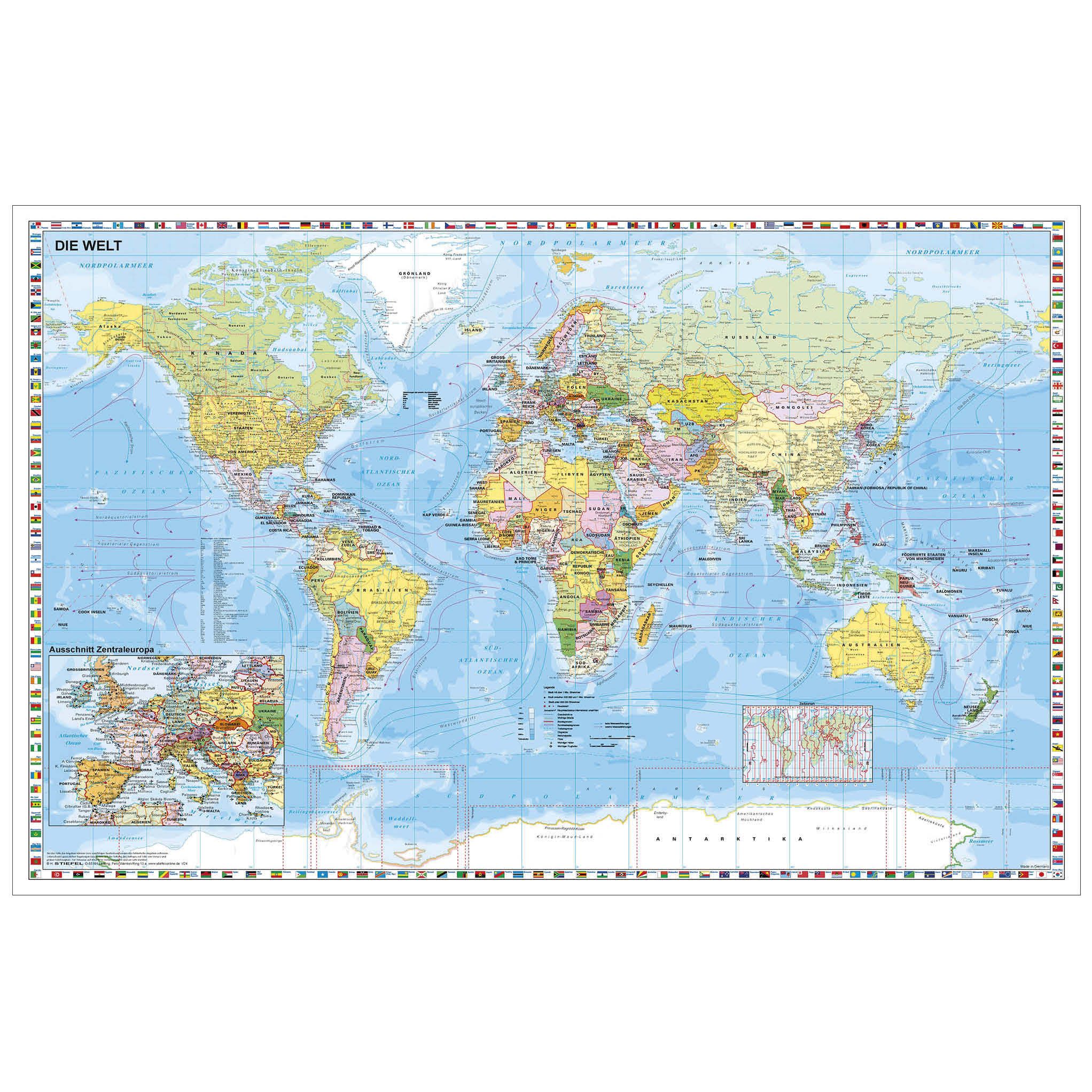 STIEFEL Pinnwand Weltkarte mit Ausschnitt Zentraleuropa zum Pinnen auf EasyPrint-Platte