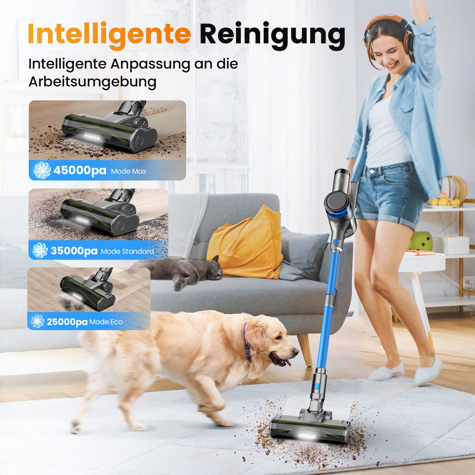 INSE Bodenstaubsauger S9X 400W&45kPa, Dreifarbiger Ring, LED-Display, abnehmbare Akku, 400 W, beutellos, 4 Saugmodi,55Min. Laufzeit, Anti-Tangle-Bürste,rotierender Bürstenkopf