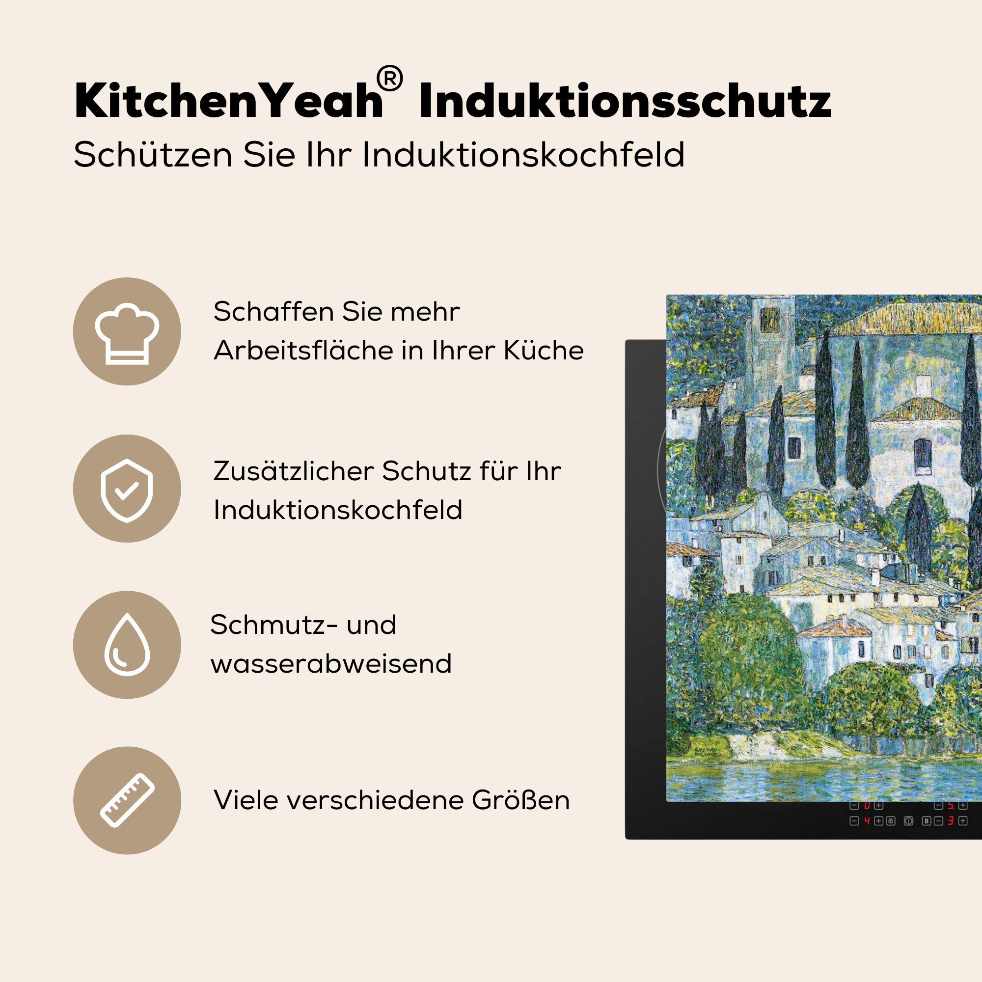 MuchoWow Herdblende-/Abdeckplatte Die Kirche tlg), 78x78 Gustav cm, in Klimt, Vinyl, - Ceranfeldabdeckung, für küche (1 Arbeitsplatte Cassone