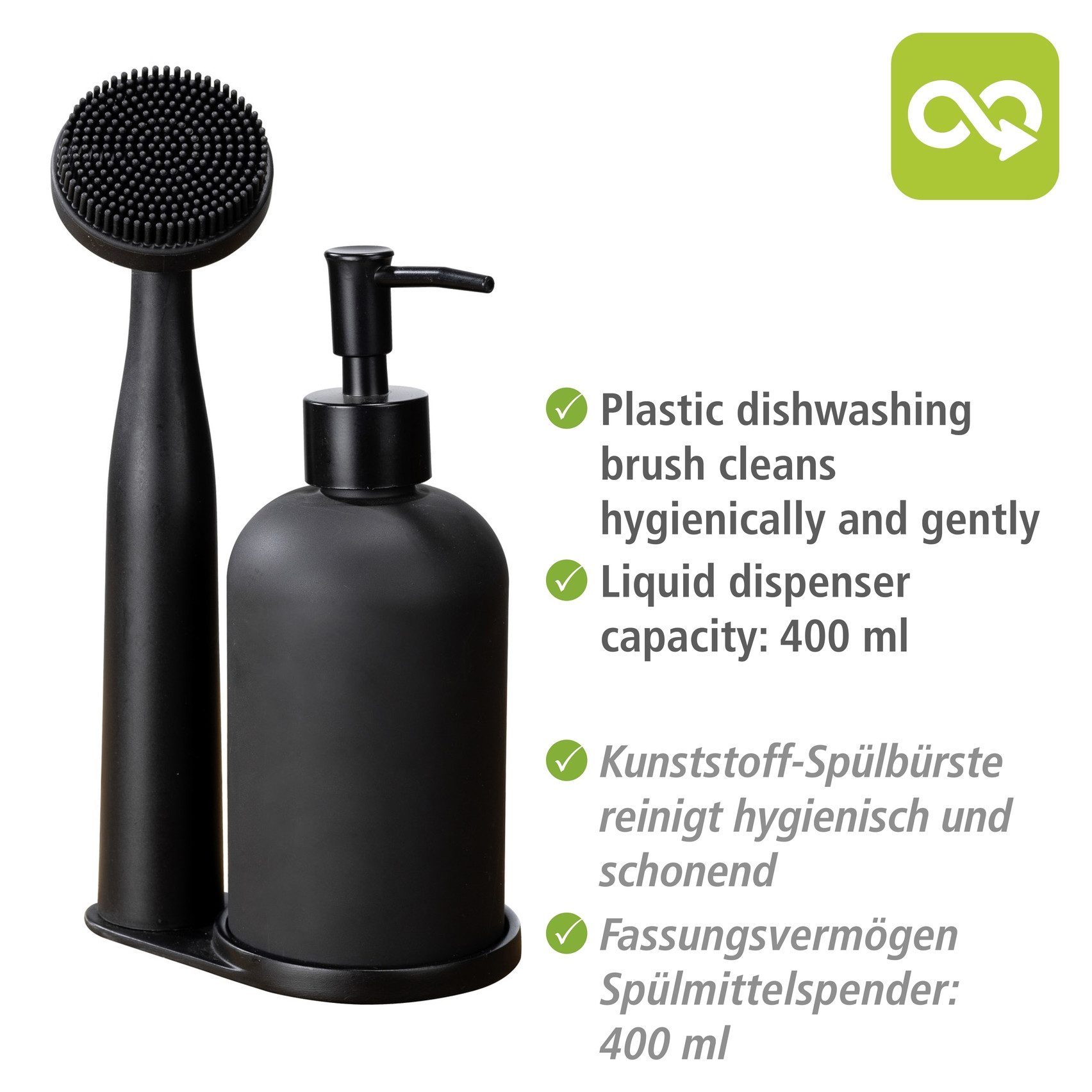 WENKO Spülmittelspender Modell Piedo, (Set, 3-tlg), Spül-Set, inkl. Spülbürste mit Halterung, Glas/Polyresin – Bild 5 von 5