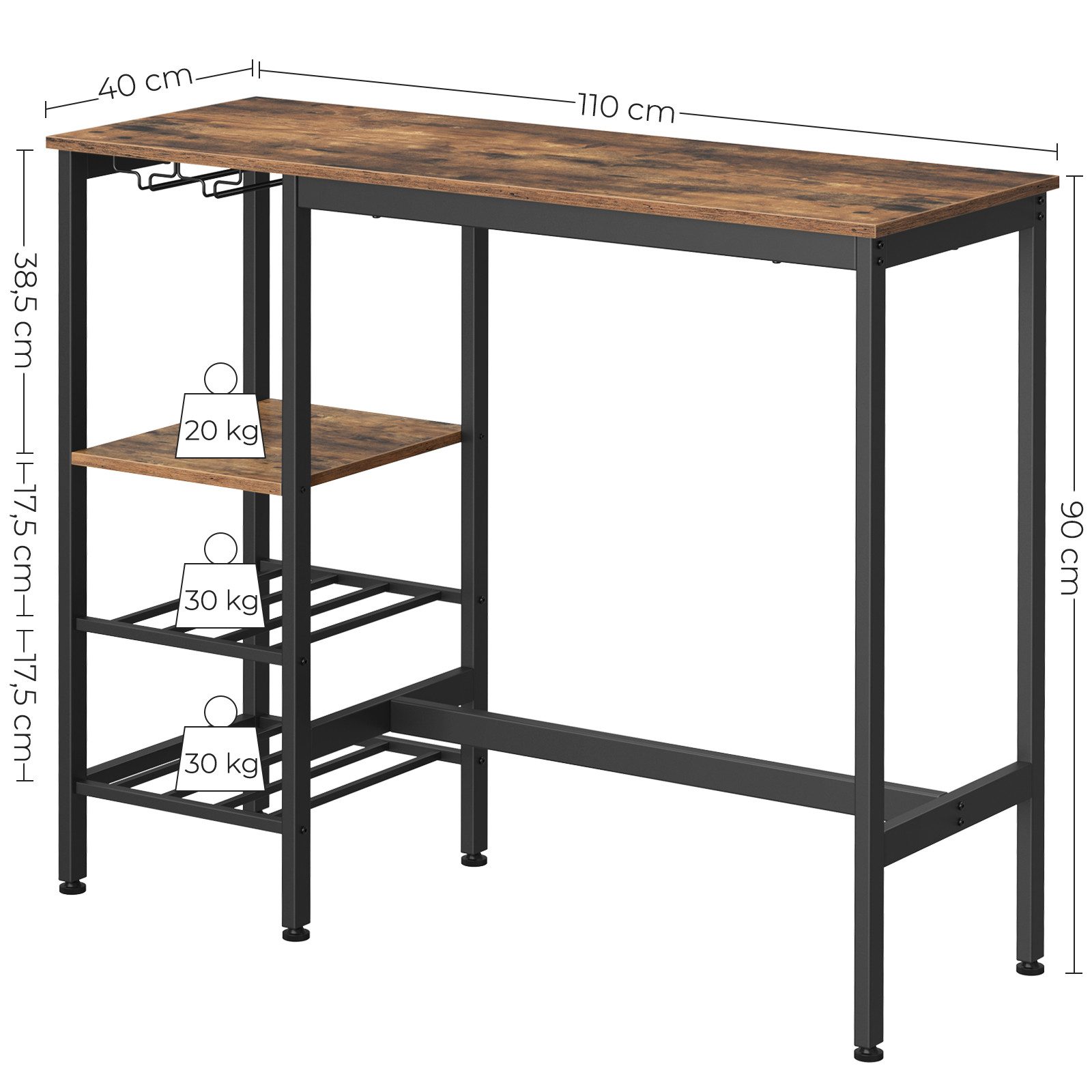 VASAGLE Bartisch Stehtisch, Küchentisch, für Wohnzimmer, Küche, vintagebraun-schwarz, 110 x 40 x 90 cm, mit Halterungen für Weingläser und Flaschen