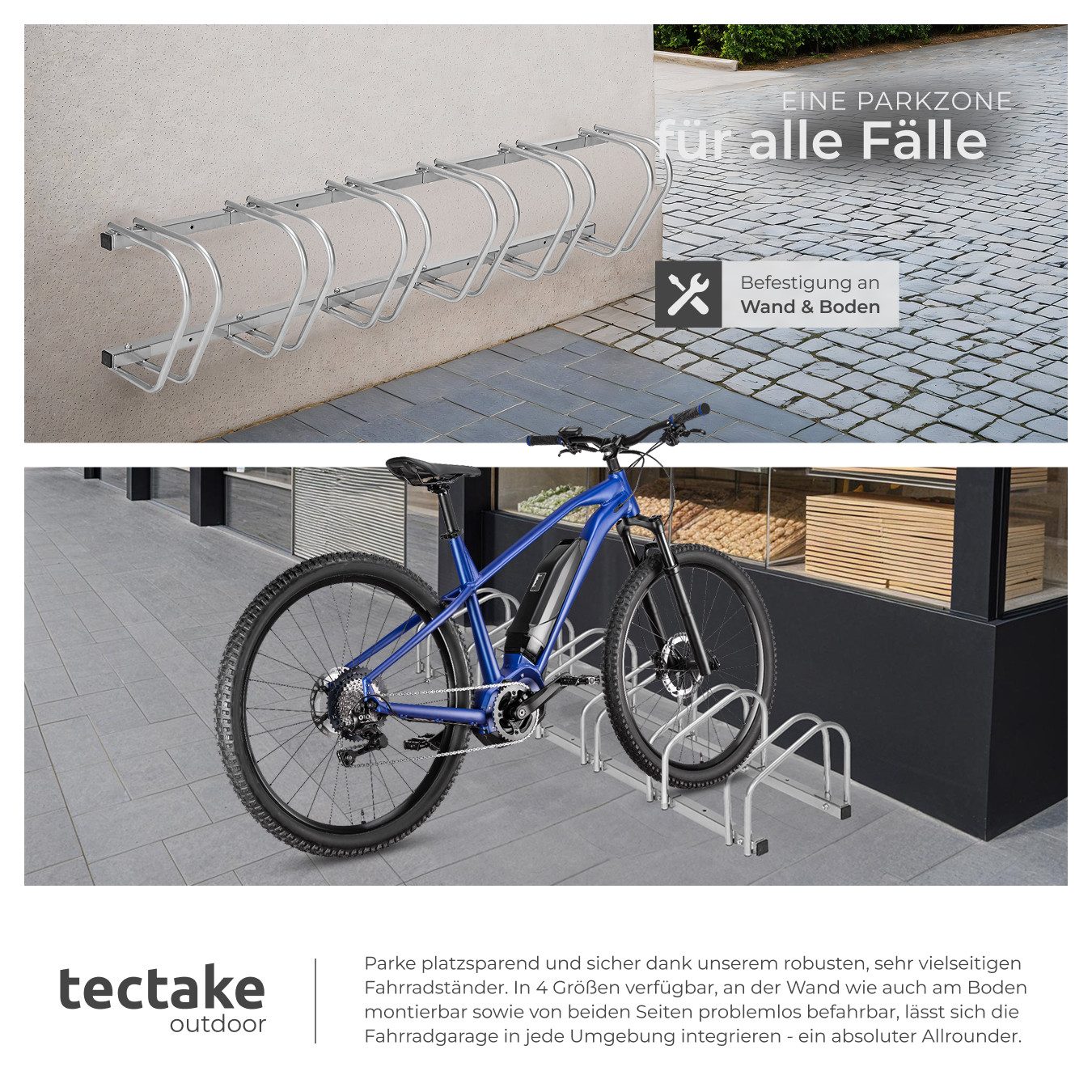 tectake Fahrradständer Fahrradhalter aus rostfreiem Stahl für Reifenbreiten von 35 - 60 mm, Boden- und Wandmontage, von beiden Seiten befahrbar