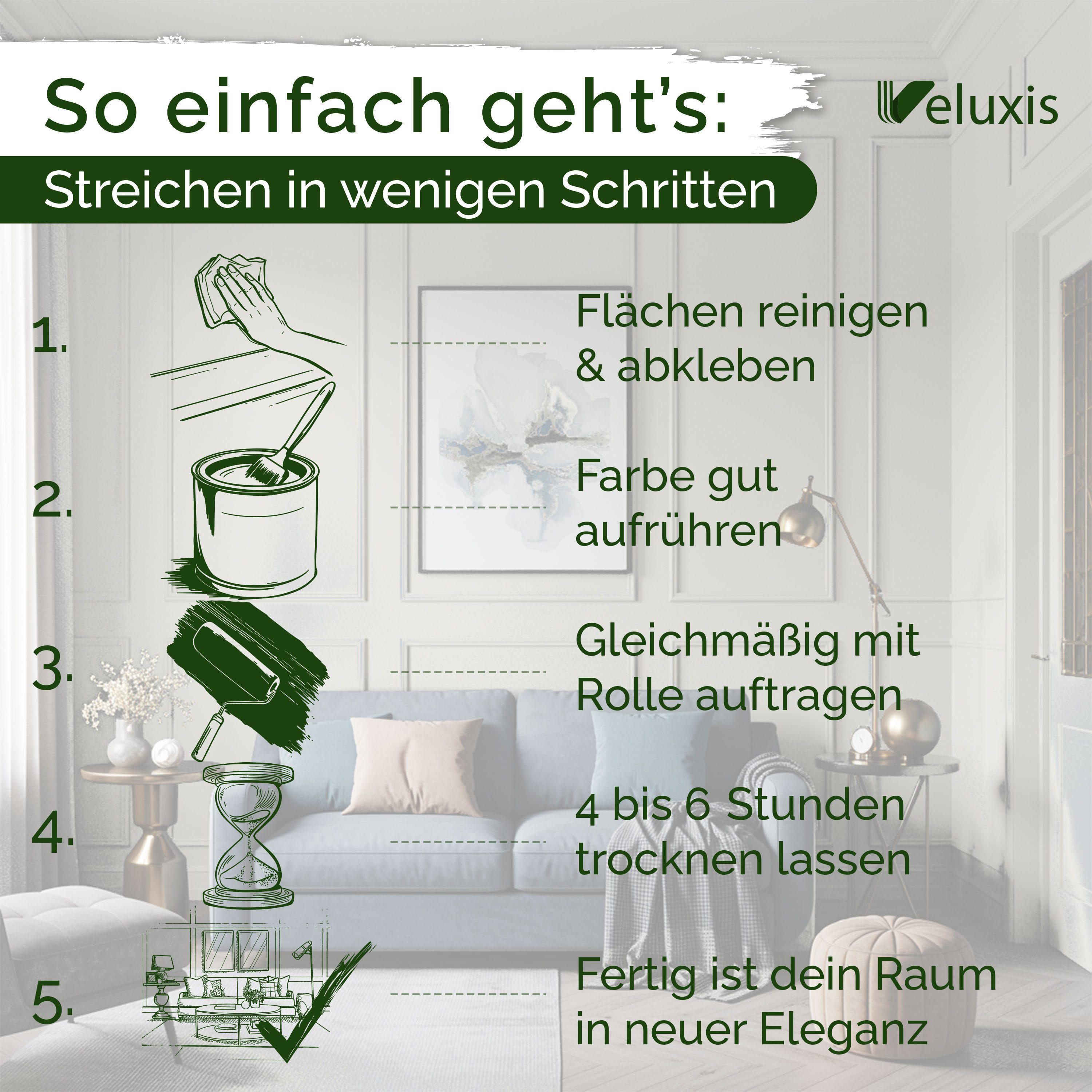 Veluxis Wandfarbe Veluxis® Edle Wandfarbe, für den Innenraum - Deckkraft-Klasse 1, Streifenfrei & tropfarm